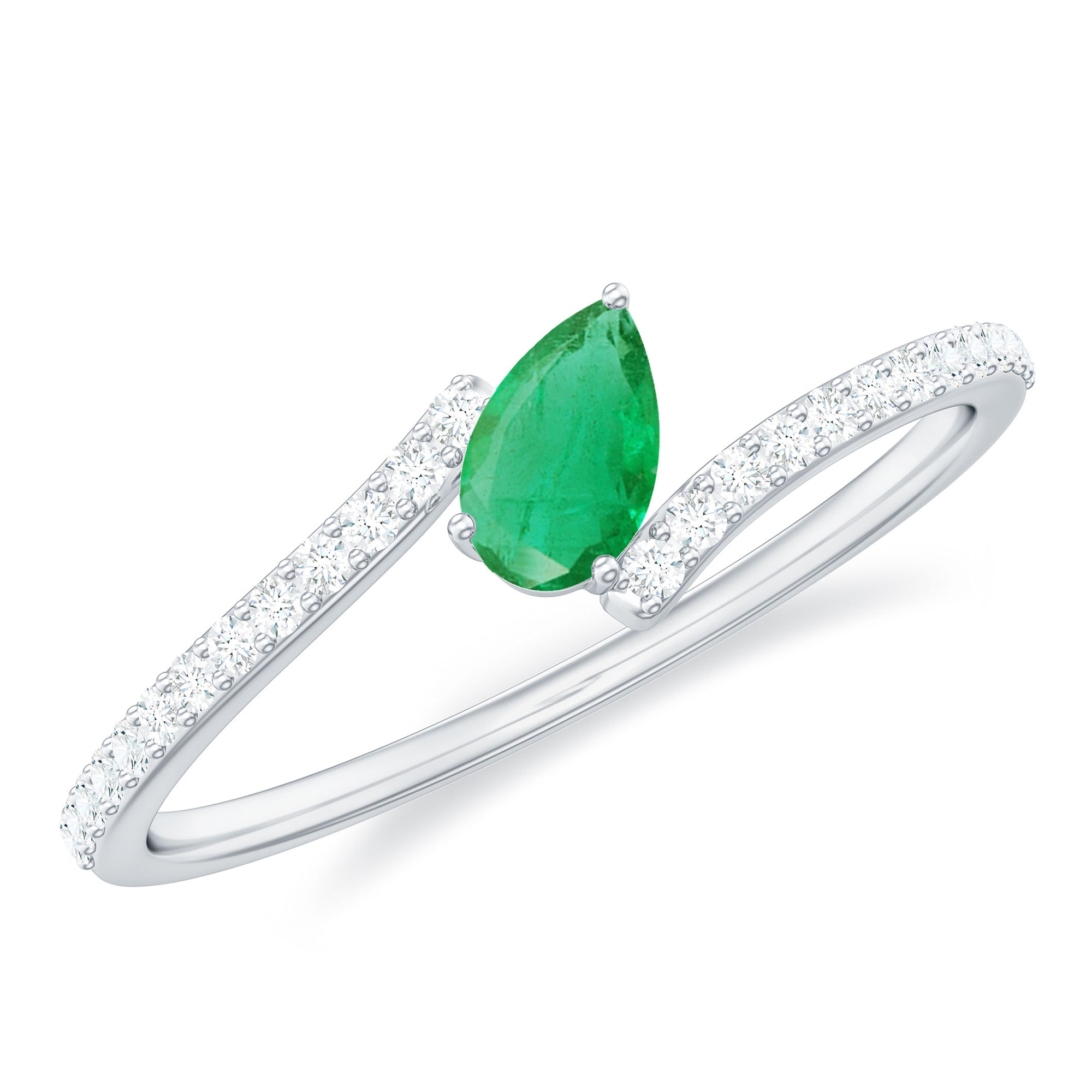 Pear Shaped Emerald and Diamond Promise Ring in Bypass Shank