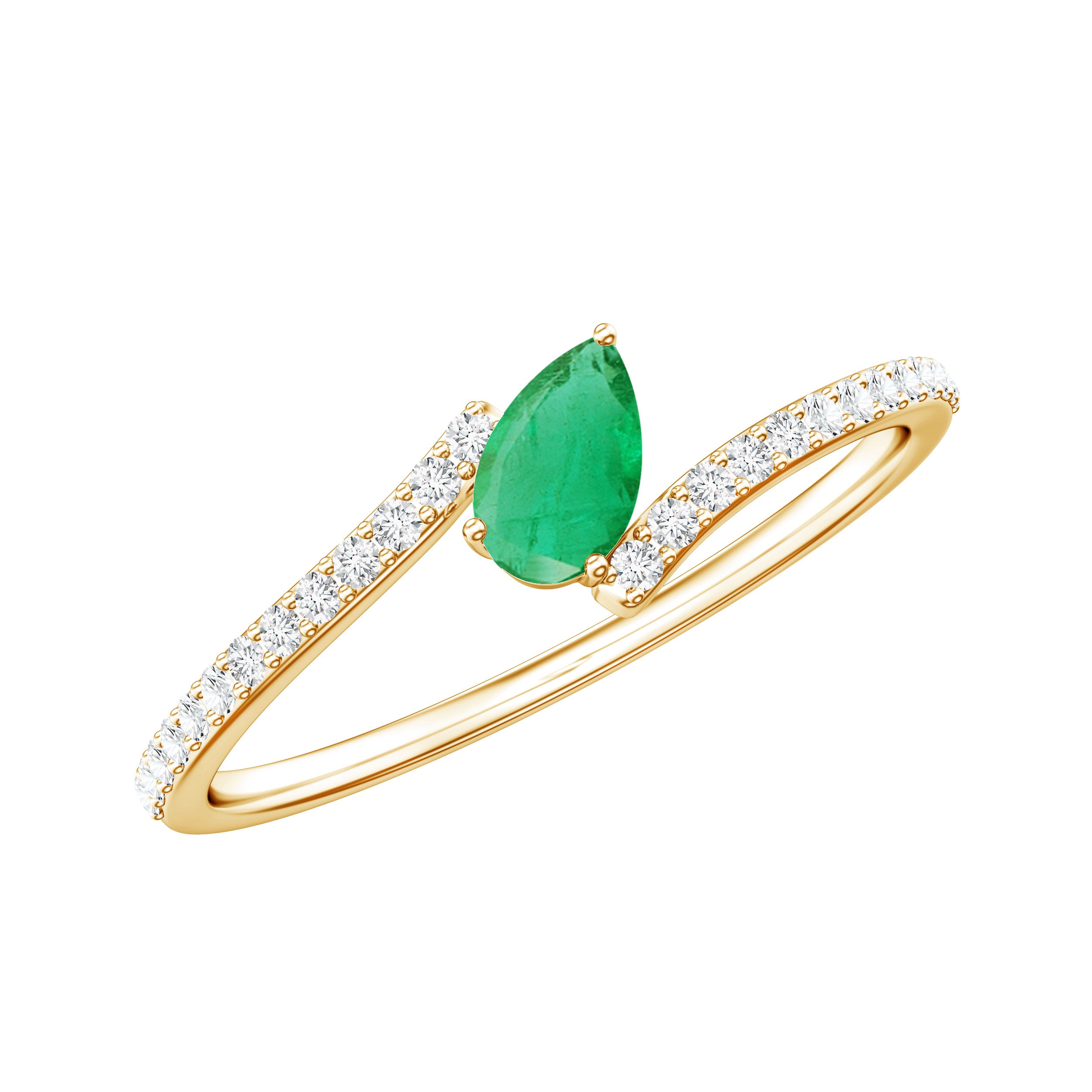 Pear Shaped Emerald and Diamond Promise Ring in Bypass Shank AAA - Rosec Jewels
