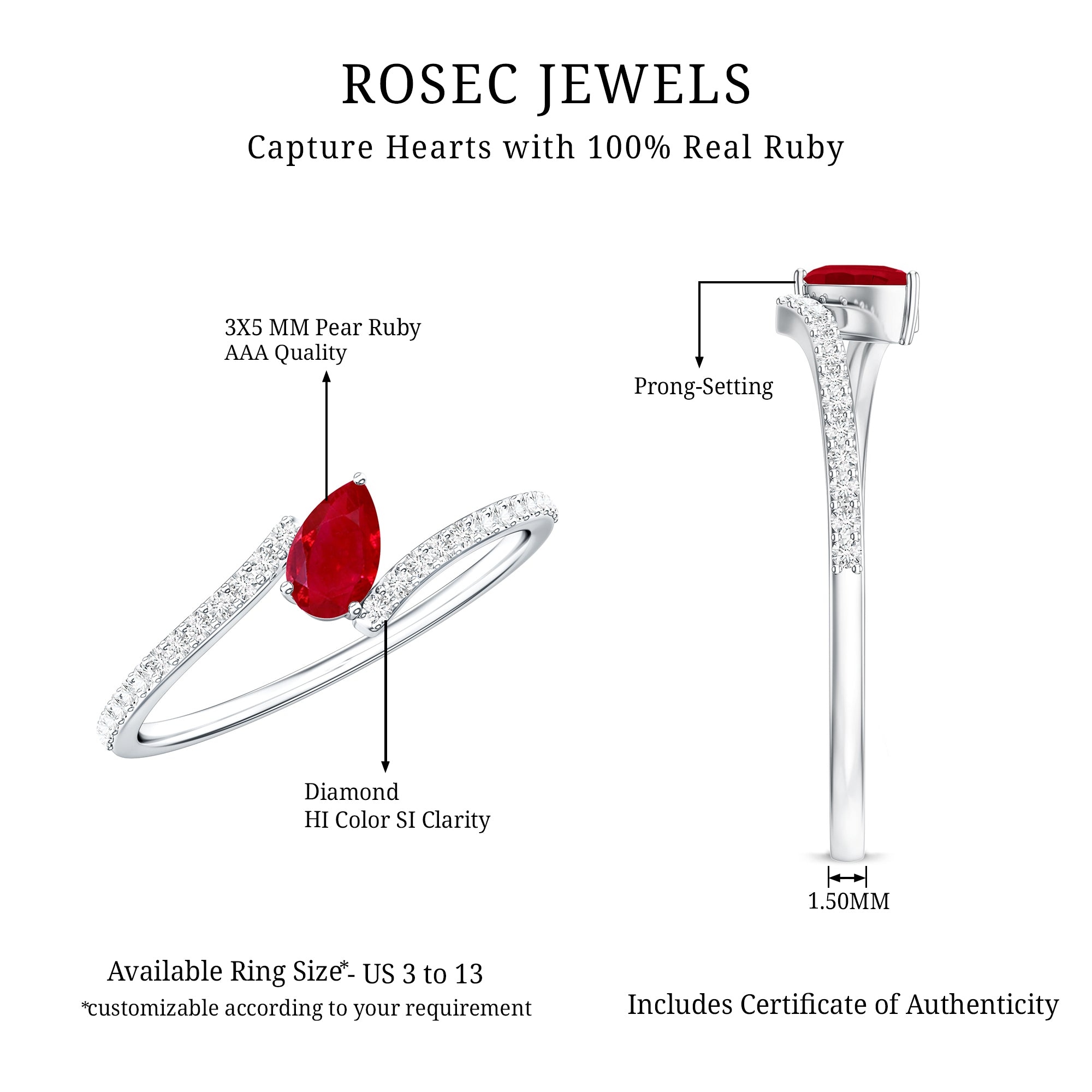 Tilted Pear Shape Ruby and Diamond Bypass Promise Ring AAA - Rosec Jewels