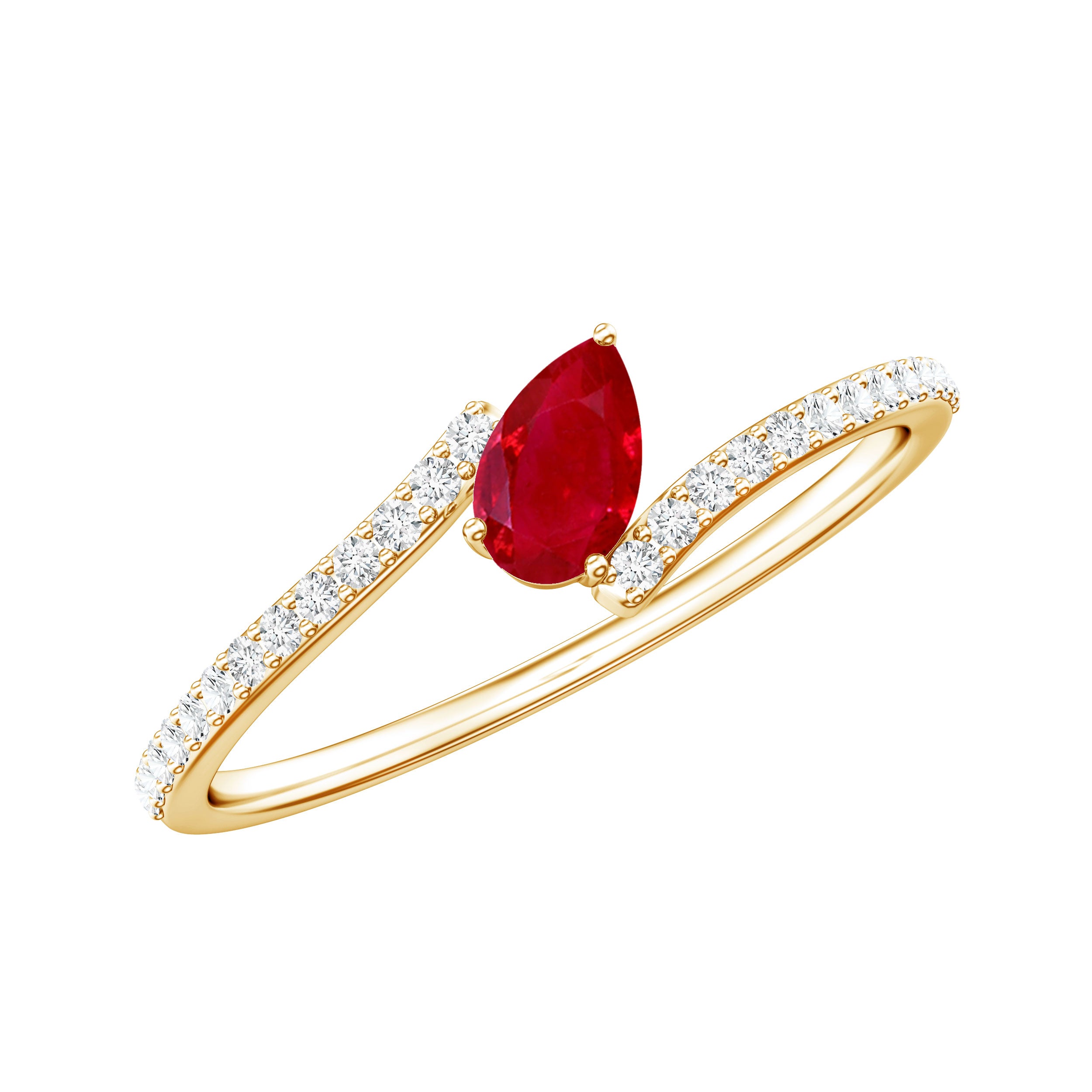 Tilted Pear Shape Ruby and Diamond Bypass Promise Ring AAA - Rosec Jewels