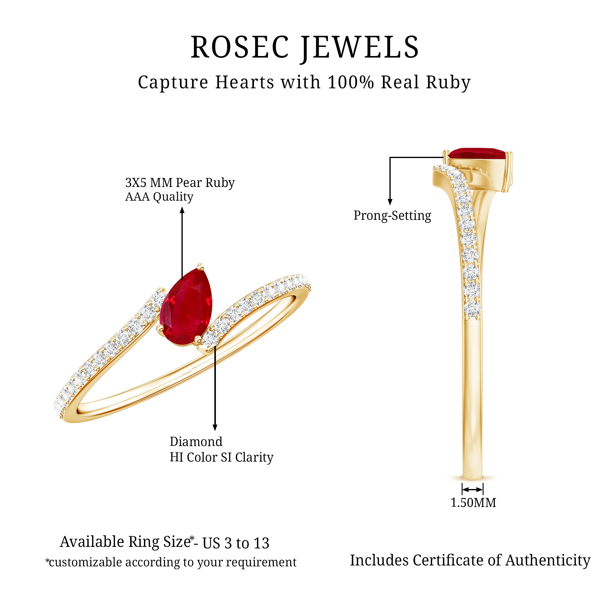 Tilted Pear Shape Ruby and Diamond Bypass Promise Ring AAA - Rosec Jewels