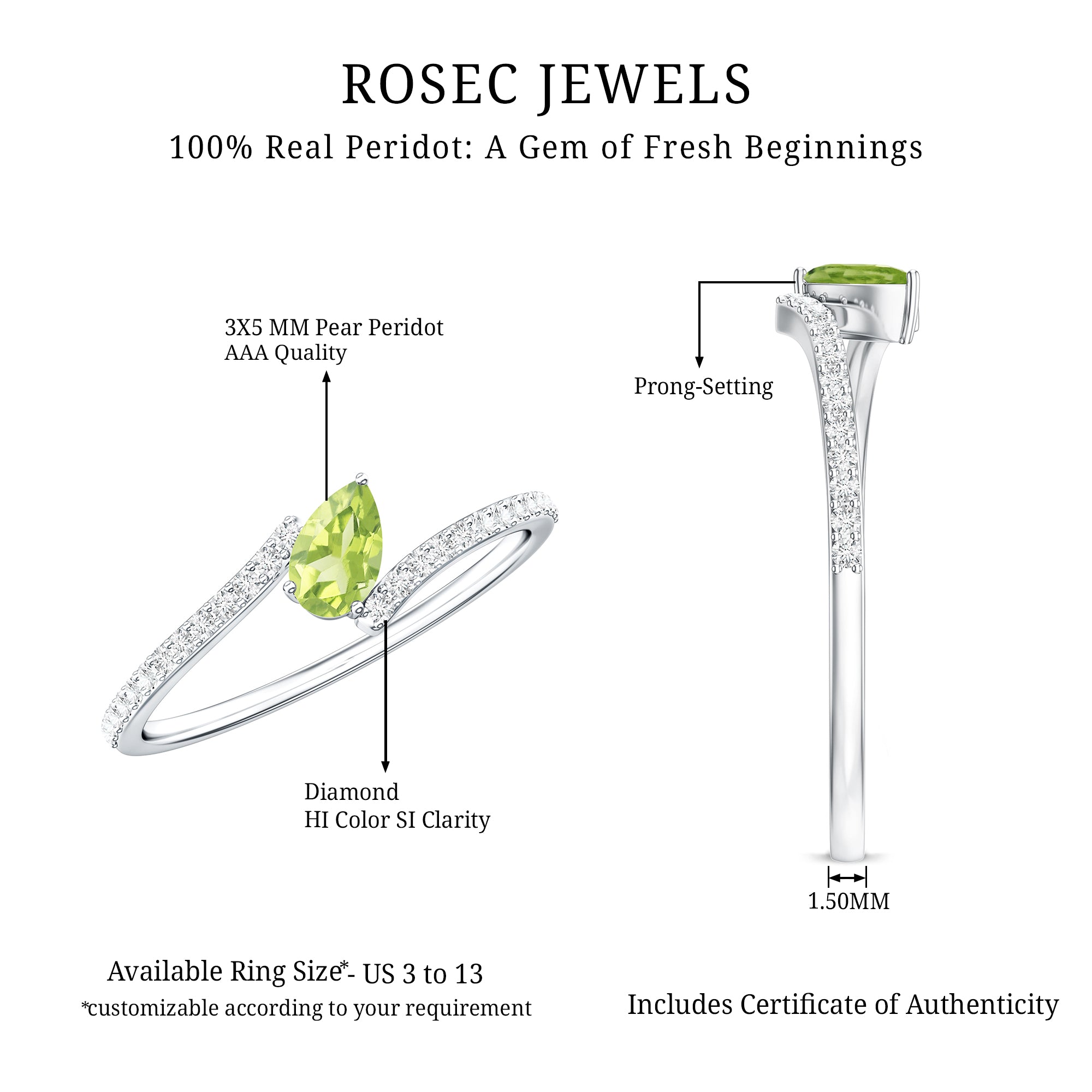 Natural Pear Shape Peridot Promise Ring with Bypass Diamond AAA - Rosec Jewels