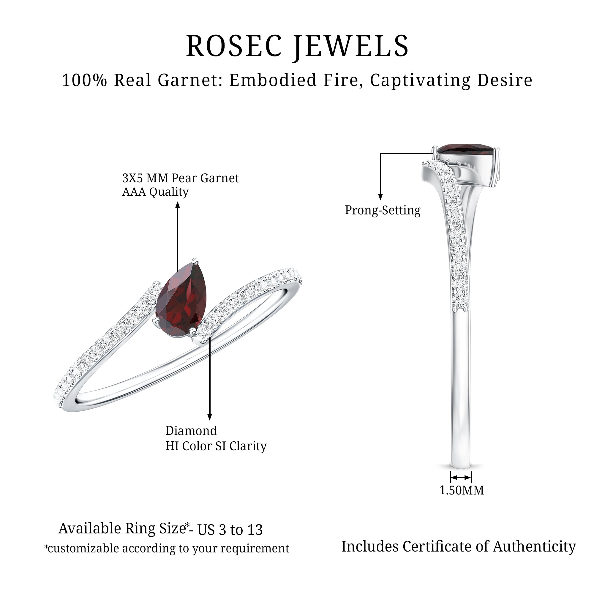 Real Pear Shape Garnet Promise Ring with Diamond Bypass Shank AAA - Rosec Jewels