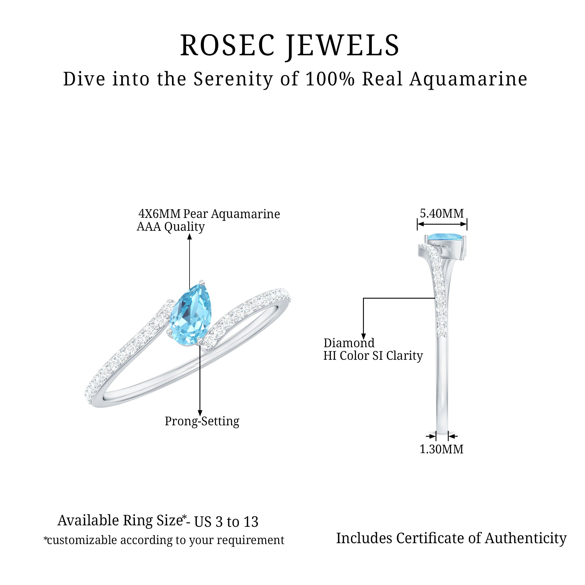 Real Aquamarine and Diamond Promise Ring in Bypass Shank AAA - Rosec Jewels