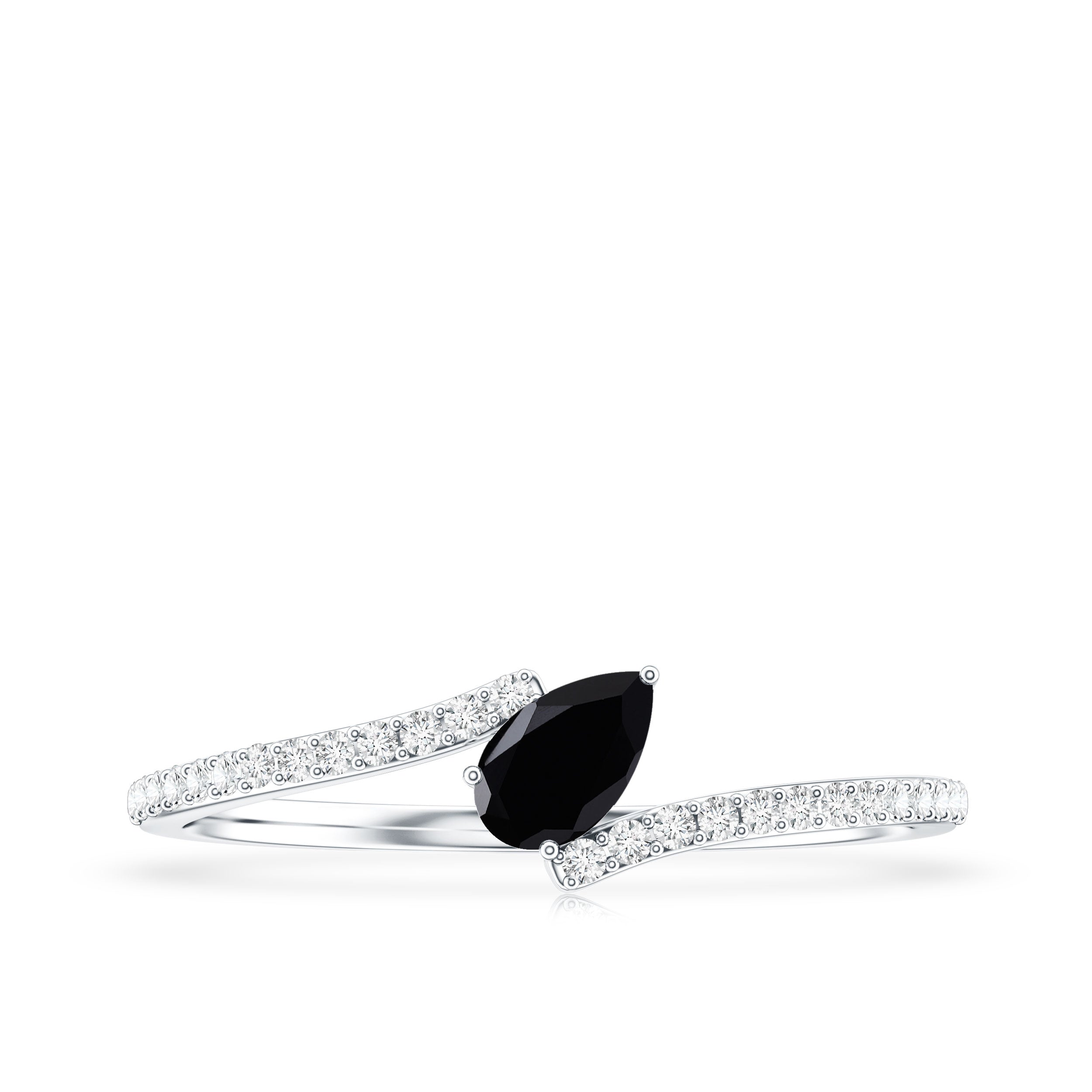 Minimalist Pear Cut Black Onyx Solitaire Promise Ring with Diamond Bypass Shank AAA - Rosec Jewels