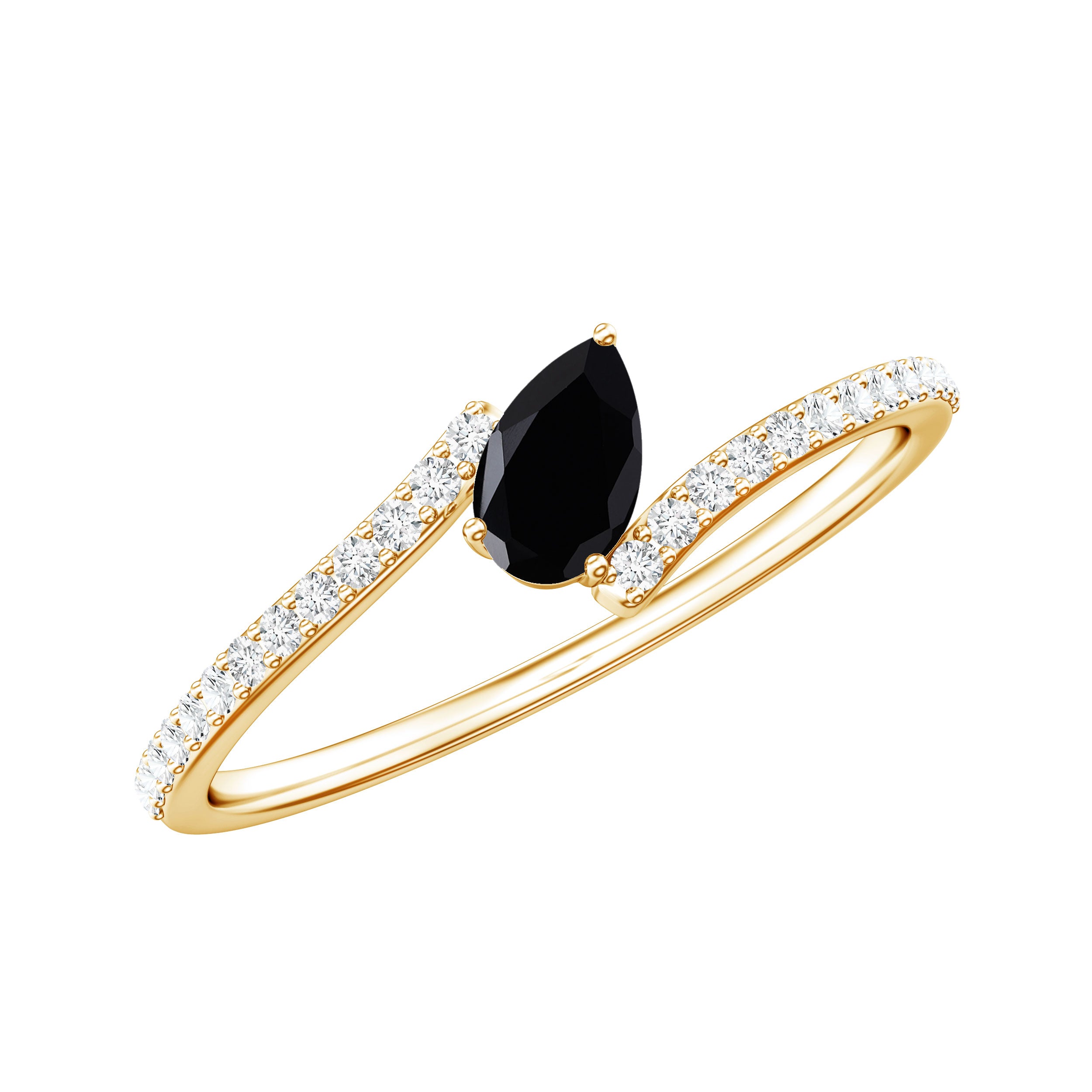 Minimalist Pear Cut Black Onyx Solitaire Promise Ring with Diamond Bypass Shank AAA - Rosec Jewels