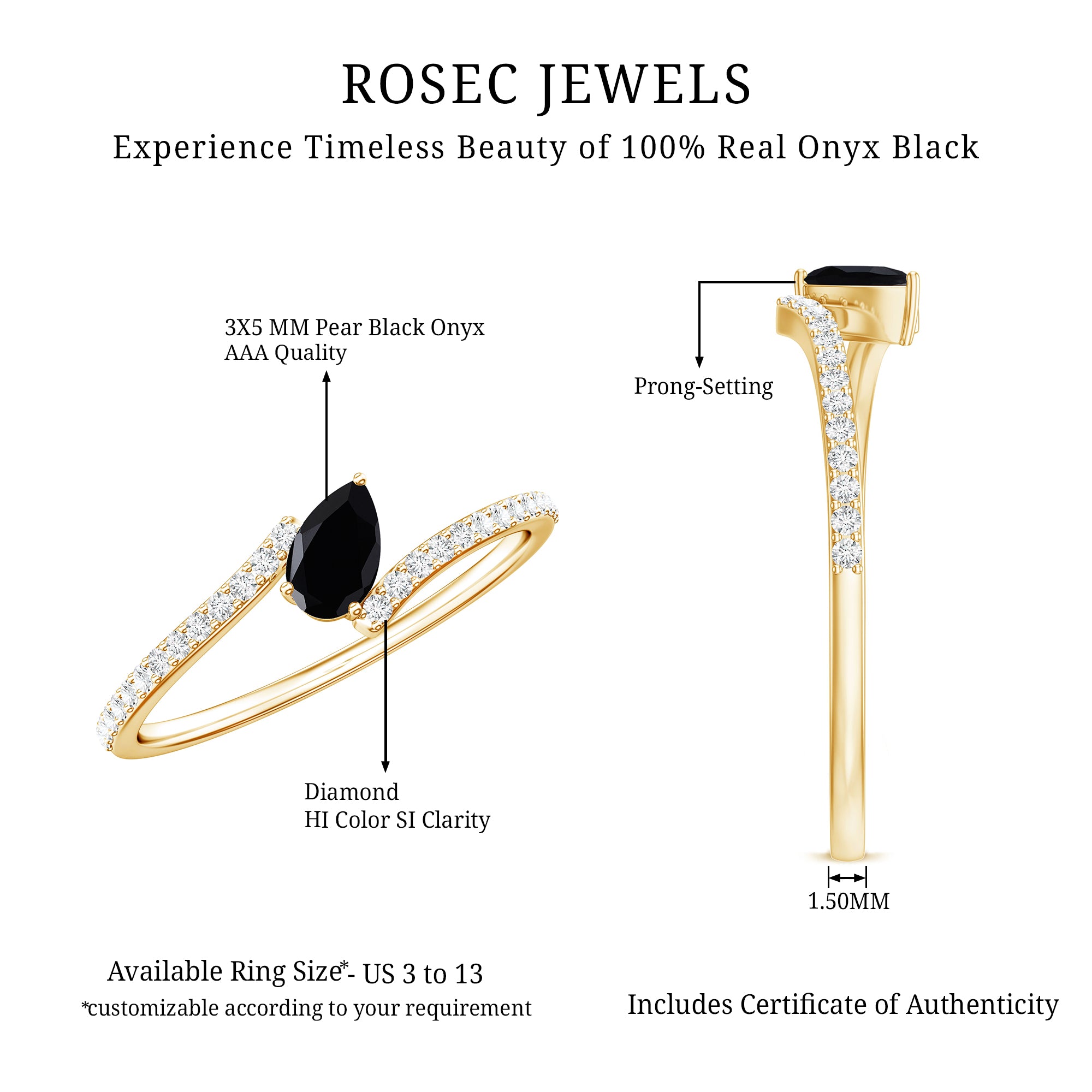 Minimalist Pear Cut Black Onyx Solitaire Promise Ring with Diamond Bypass Shank AAA - Rosec Jewels