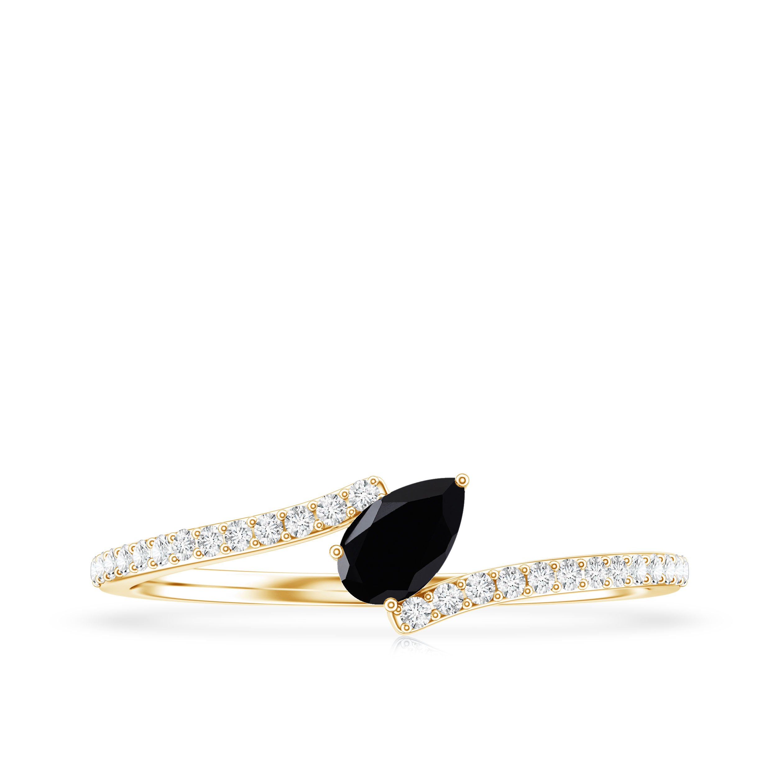 Minimalist Pear Cut Black Onyx Solitaire Promise Ring with Diamond Bypass Shank AAA - Rosec Jewels