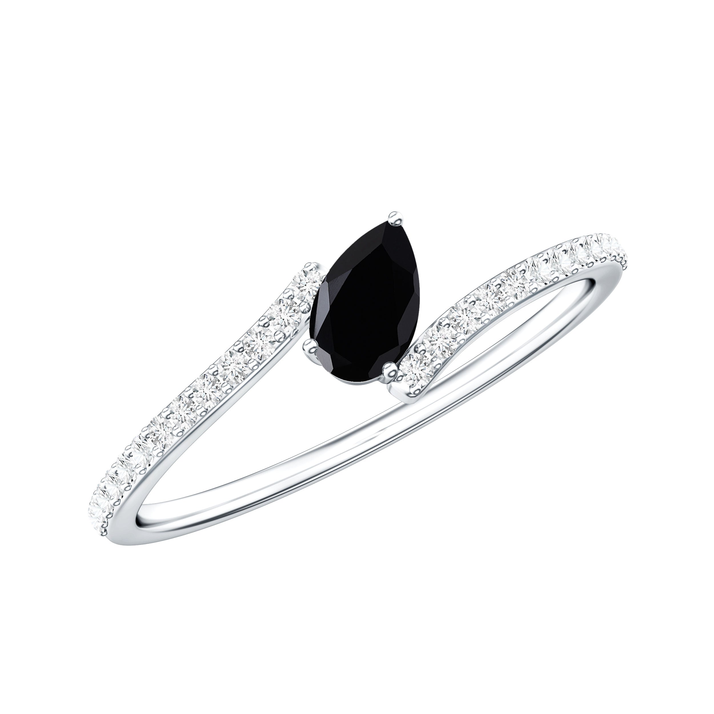Real Black Spinel Promise Ring with Diamond Bypass Shank AAA - Rosec Jewels