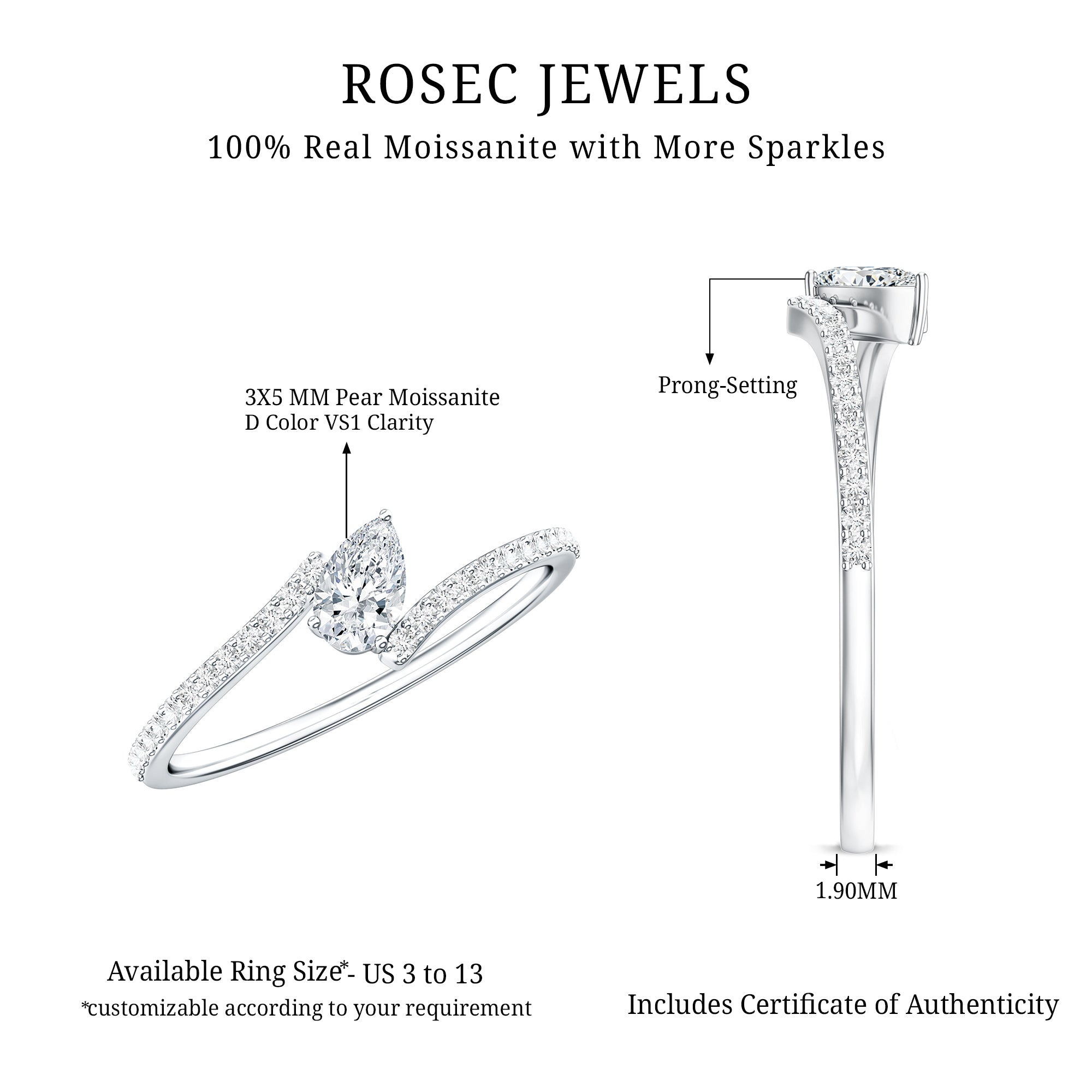 Pear Shaped Moissanite Bypass Promise Ring for Her D-VS1 - Rosec Jewels