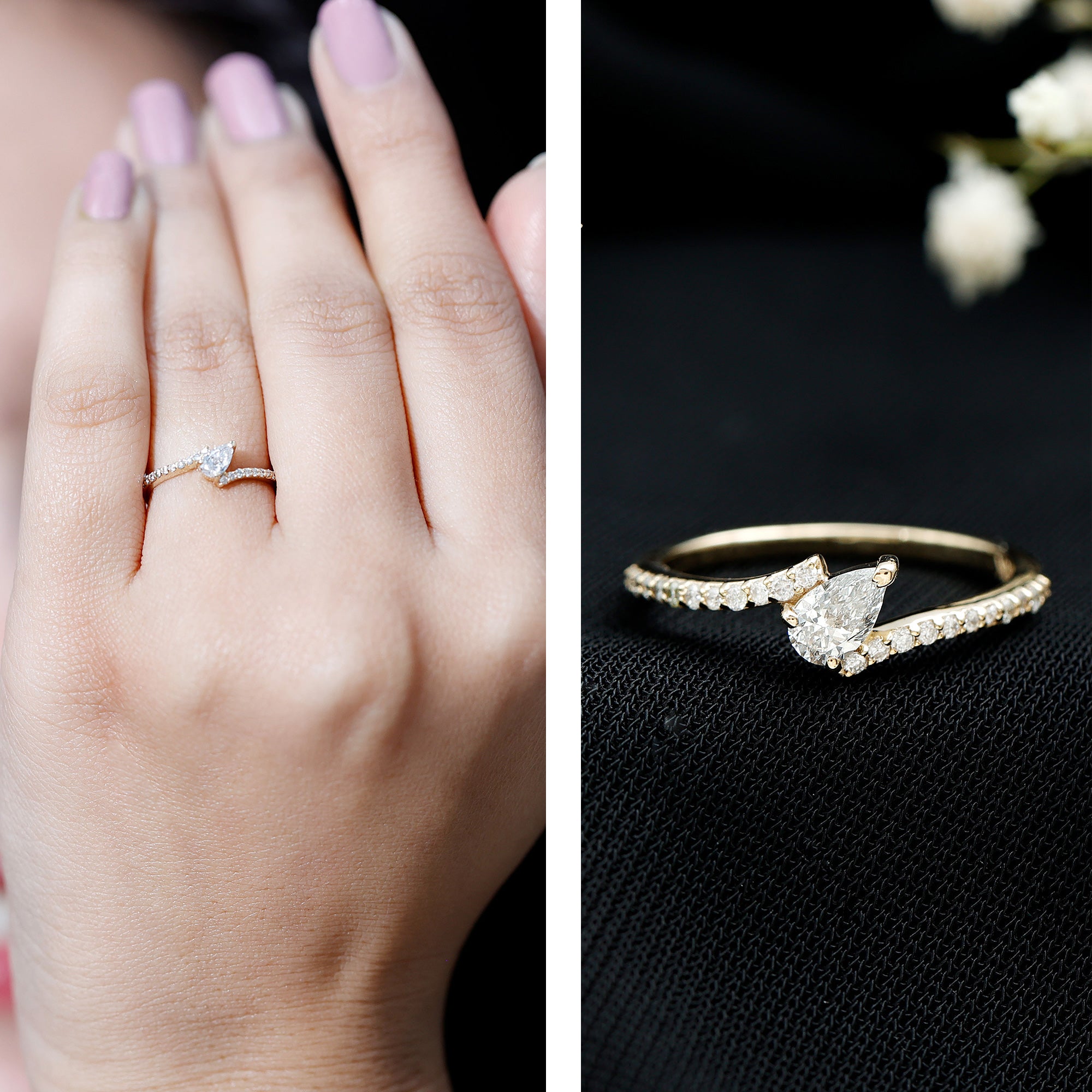 Pear Shaped Moissanite Bypass Promise Ring for Her D-VS1 - Rosec Jewels