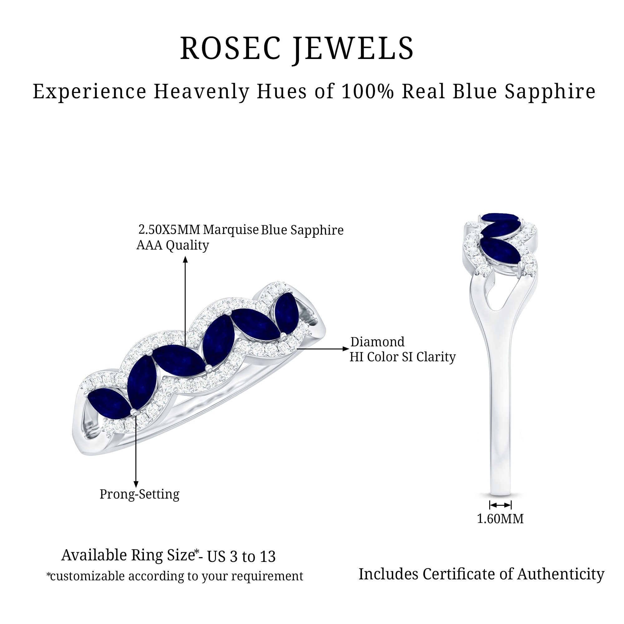 Certified Marquise Cut Blue Sapphire and Diamond Wedding Anniversary Band Ring AAA - Rosec Jewels