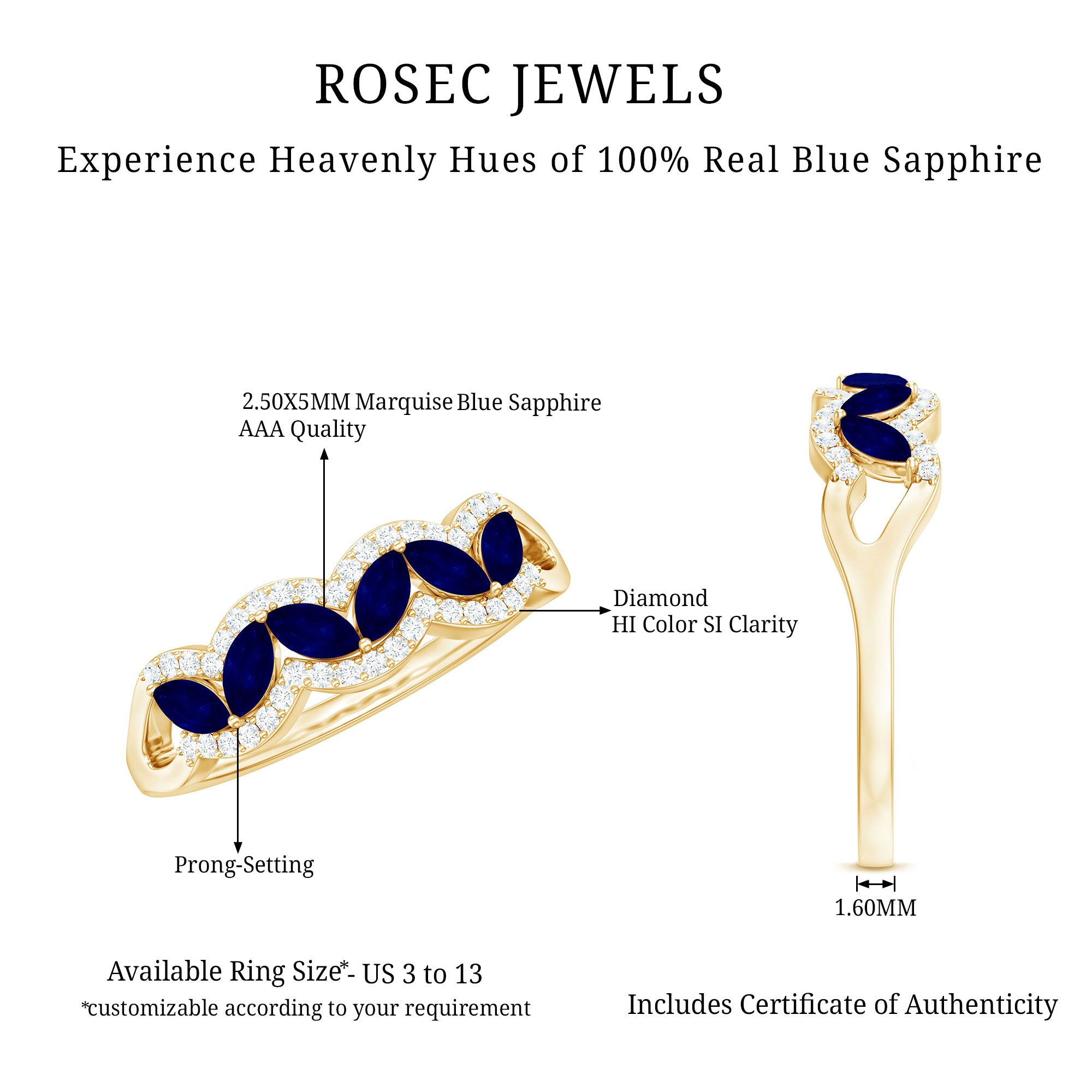 Certified Marquise Cut Blue Sapphire and Diamond Wedding Anniversary Band Ring AAA - Rosec Jewels
