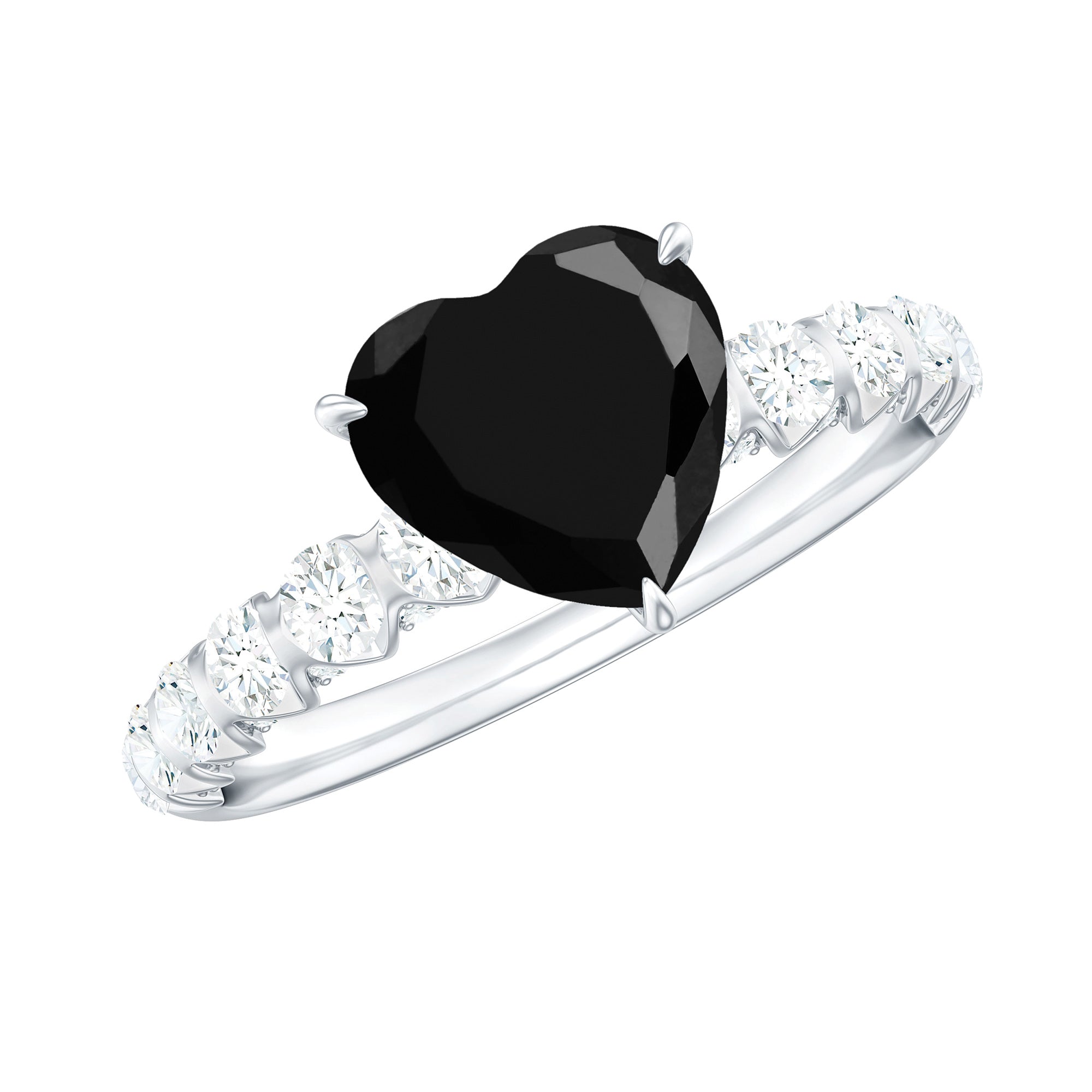 Heart Shape Black Spinel Solitaire Engagement Ring with Diamond