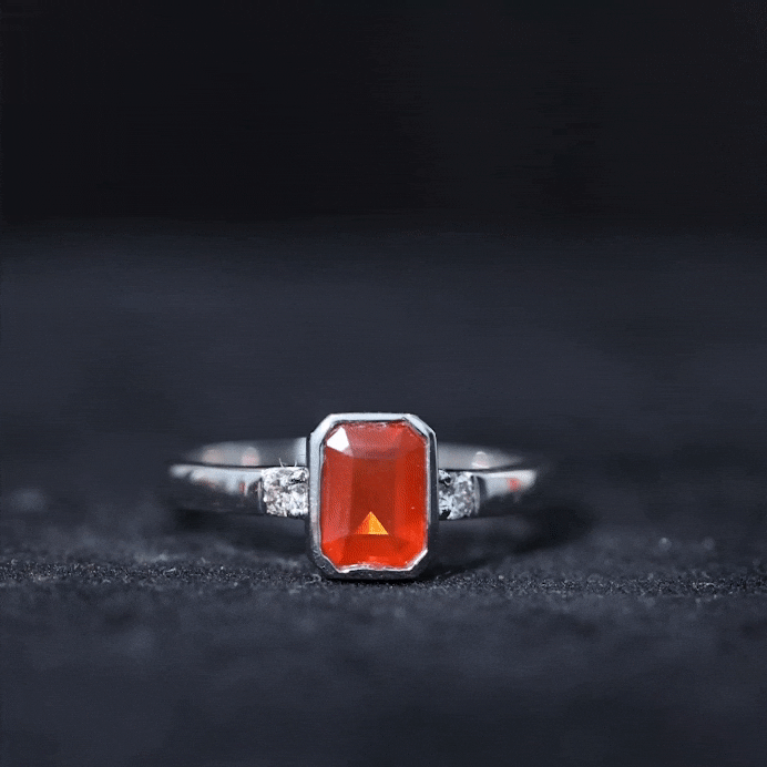 6X8 MM Fire Opal Emerald Cut Engagement Ring with Diamond AAA - Rosec Jewels