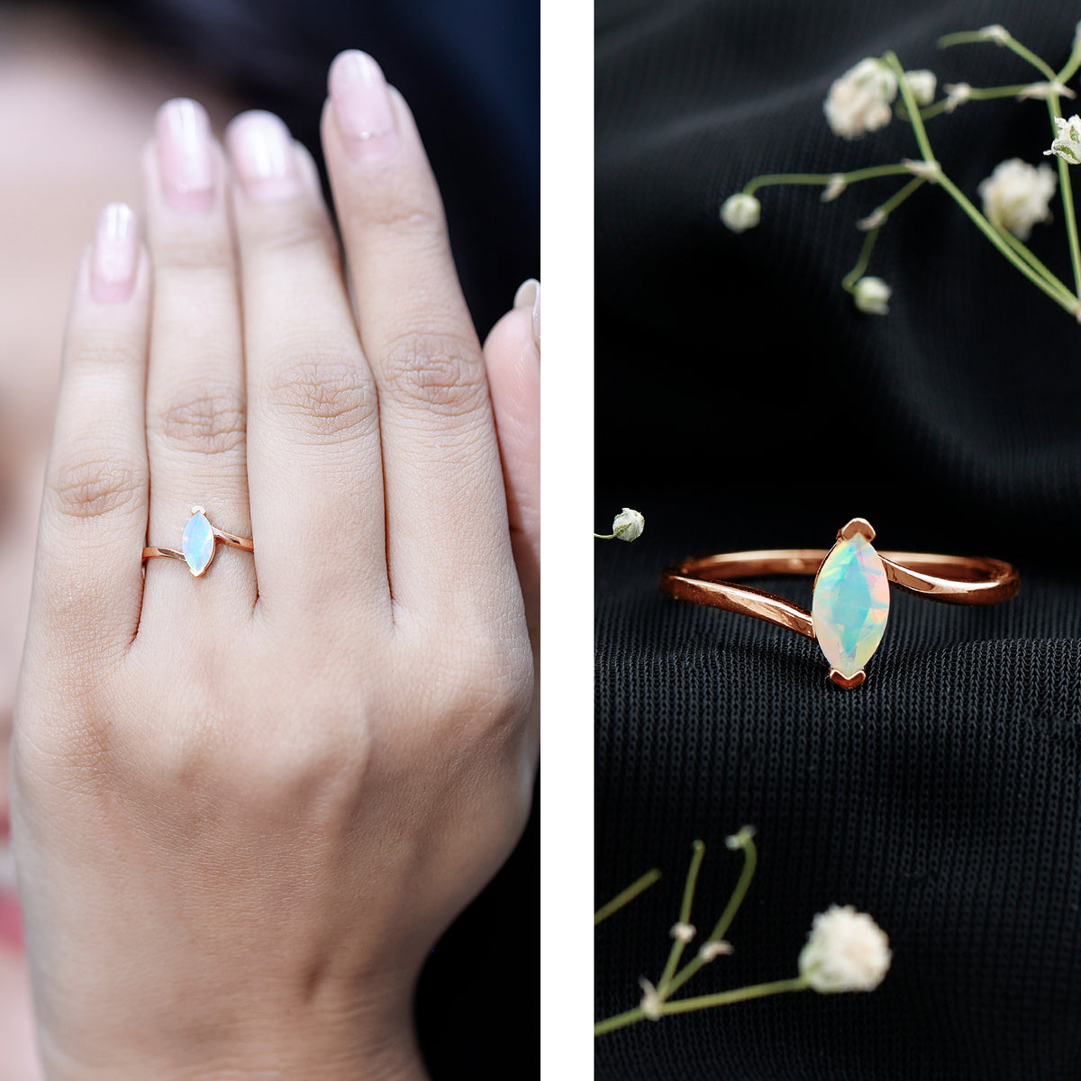 Natural Marquise Ethiopian Rainbow Opal Promise Ring with Bypass Shank AAA - Rosec Jewels