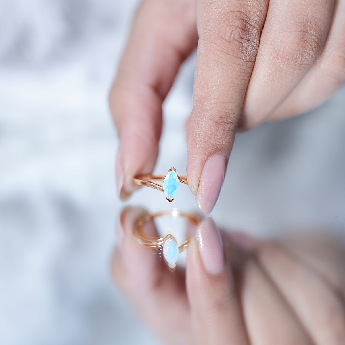 Natural Marquise Ethiopian Rainbow Opal Promise Ring with Bypass Shank AAA - Rosec Jewels