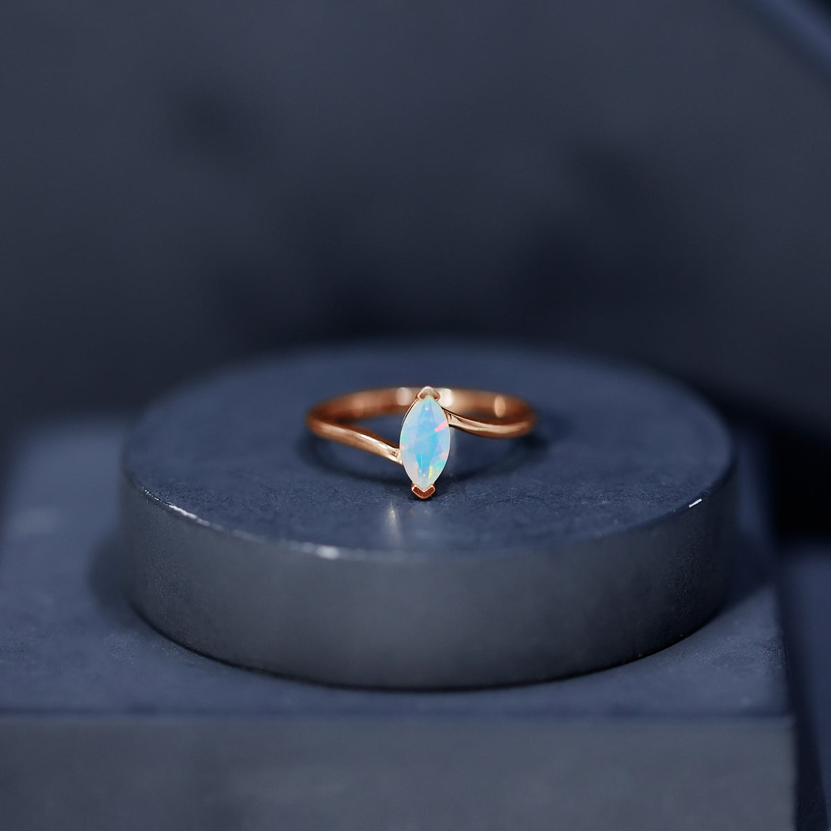 Natural Marquise Ethiopian Rainbow Opal Promise Ring with Bypass Shank AAA - Rosec Jewels