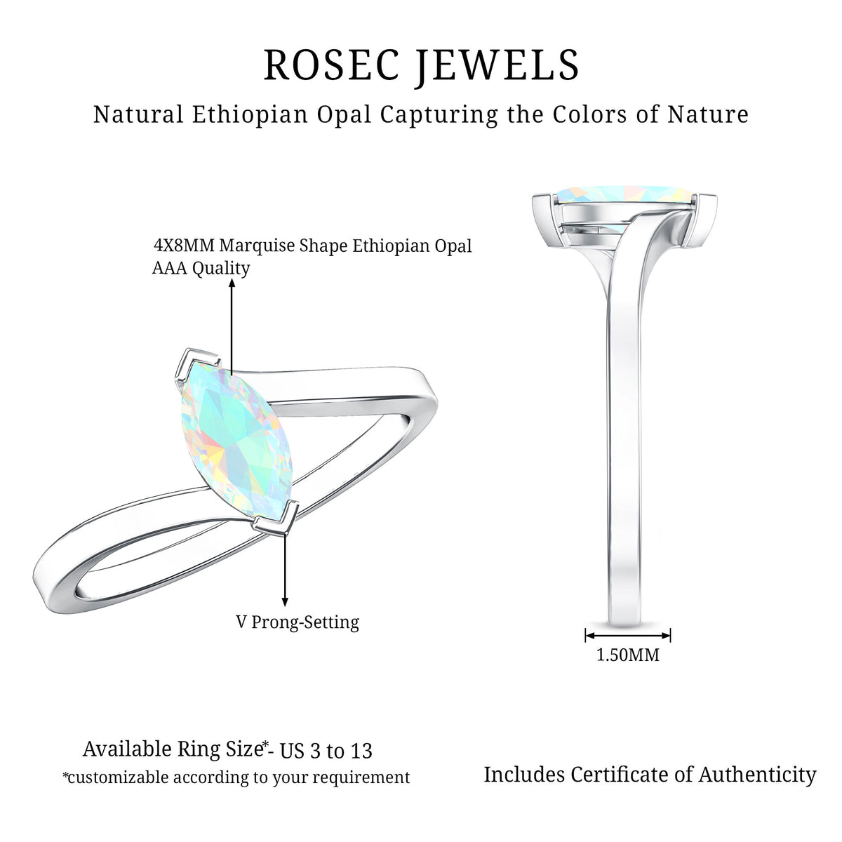 Natural Marquise Ethiopian Rainbow Opal Promise Ring with Bypass Shank AAA - Rosec Jewels