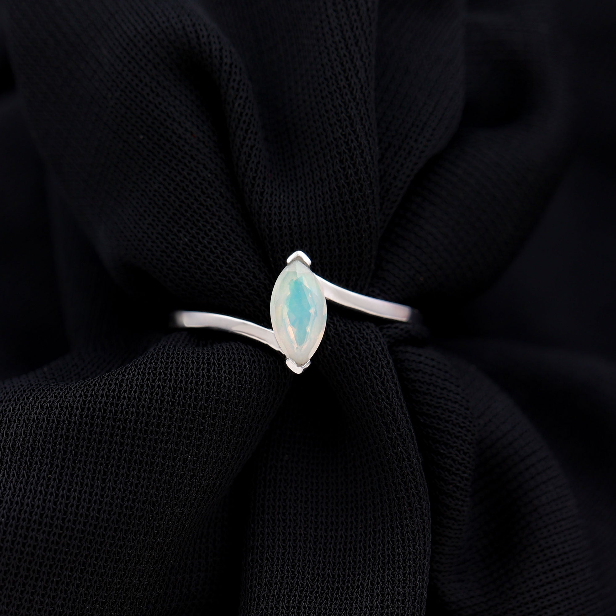 Natural Marquise Ethiopian Rainbow Opal Promise Ring with Bypass Shank AAA - Rosec Jewels