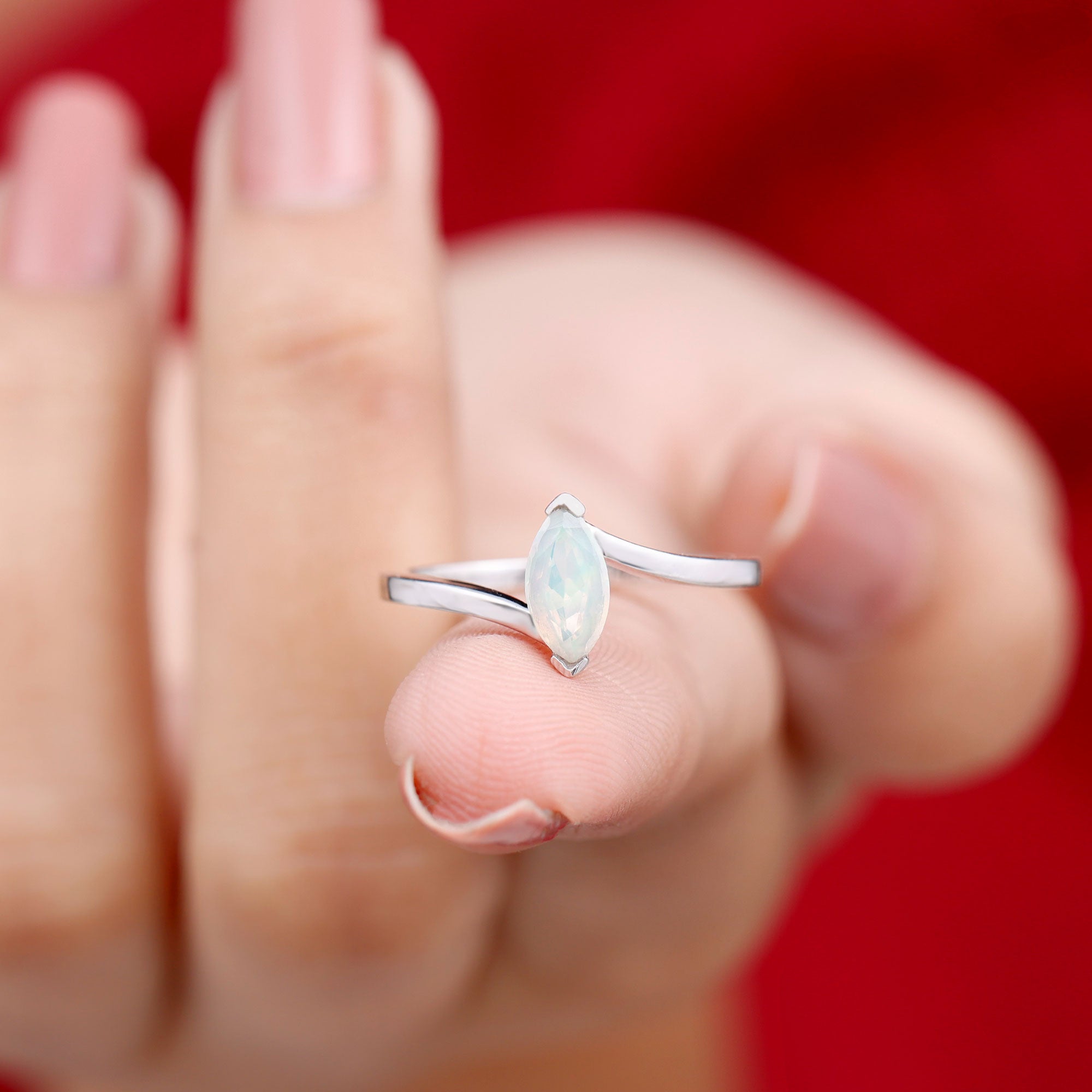 Natural Marquise Ethiopian Rainbow Opal Promise Ring with Bypass Shank AAA - Rosec Jewels