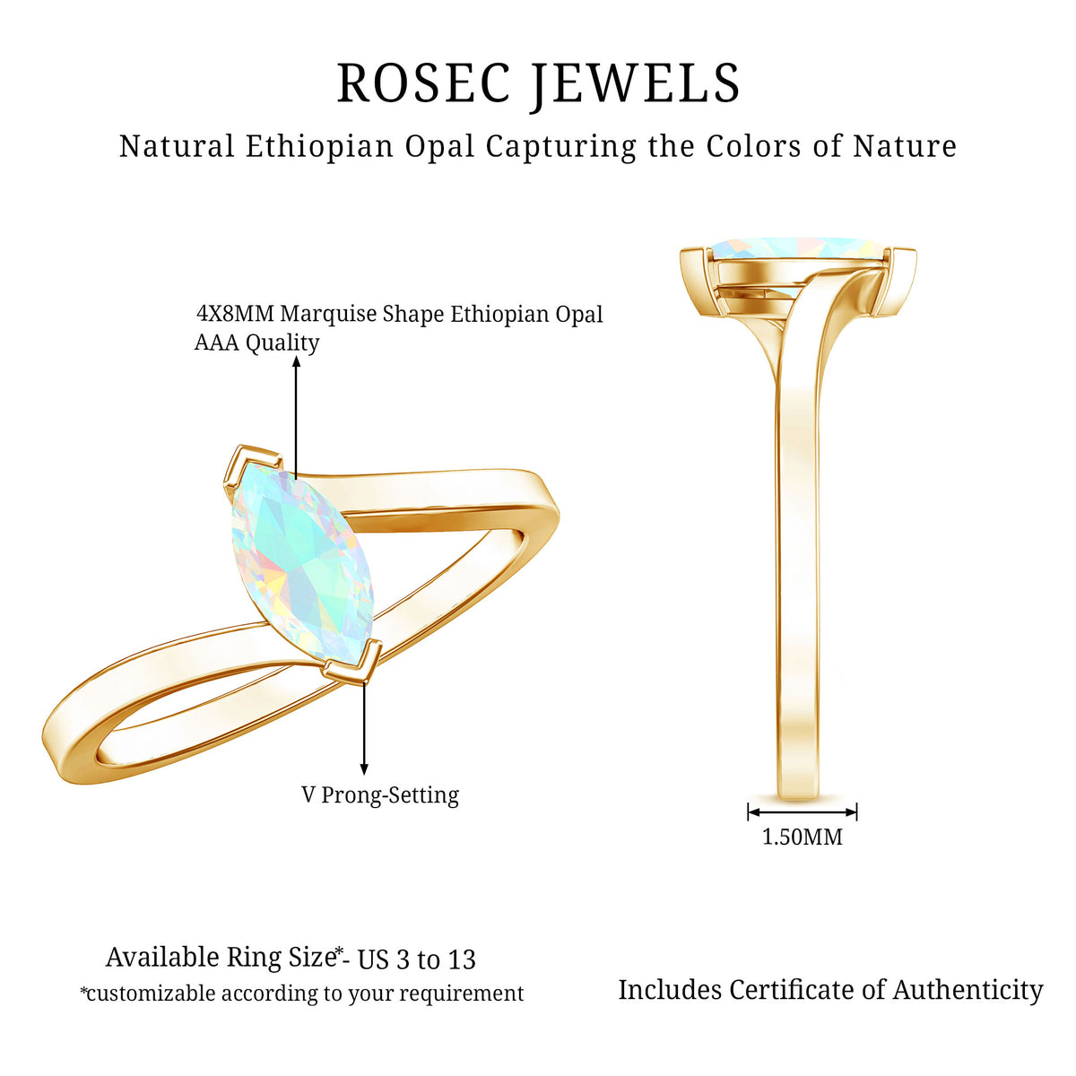 Natural Marquise Ethiopian Rainbow Opal Promise Ring with Bypass Shank AAA - Rosec Jewels