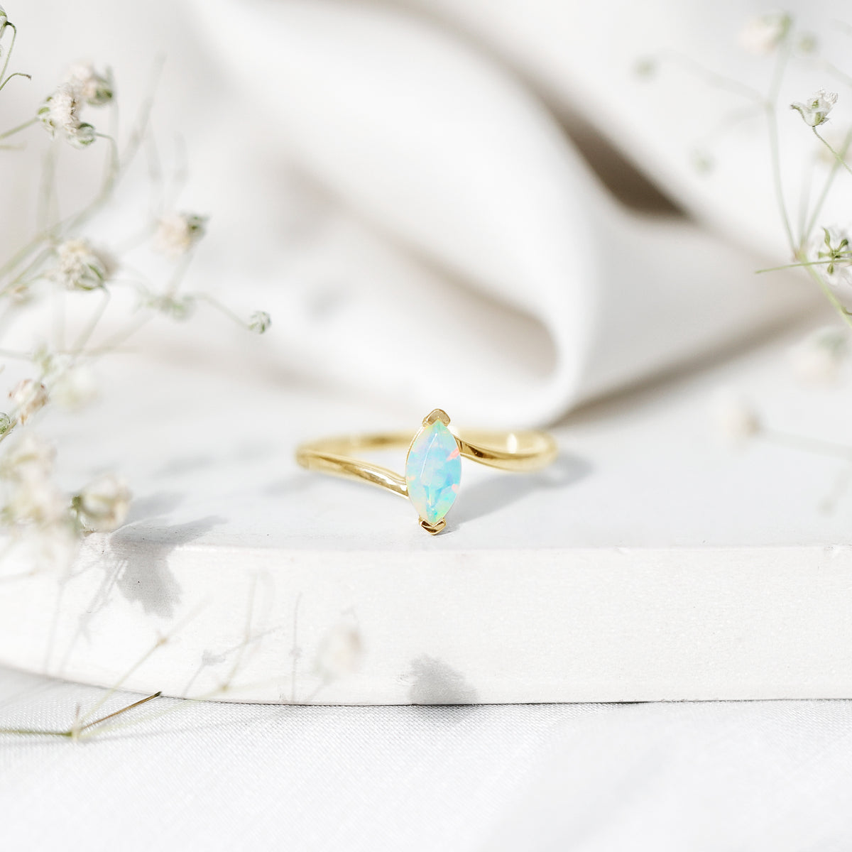 Natural Marquise Ethiopian Rainbow Opal Promise Ring with Bypass Shank AAA - Rosec Jewels
