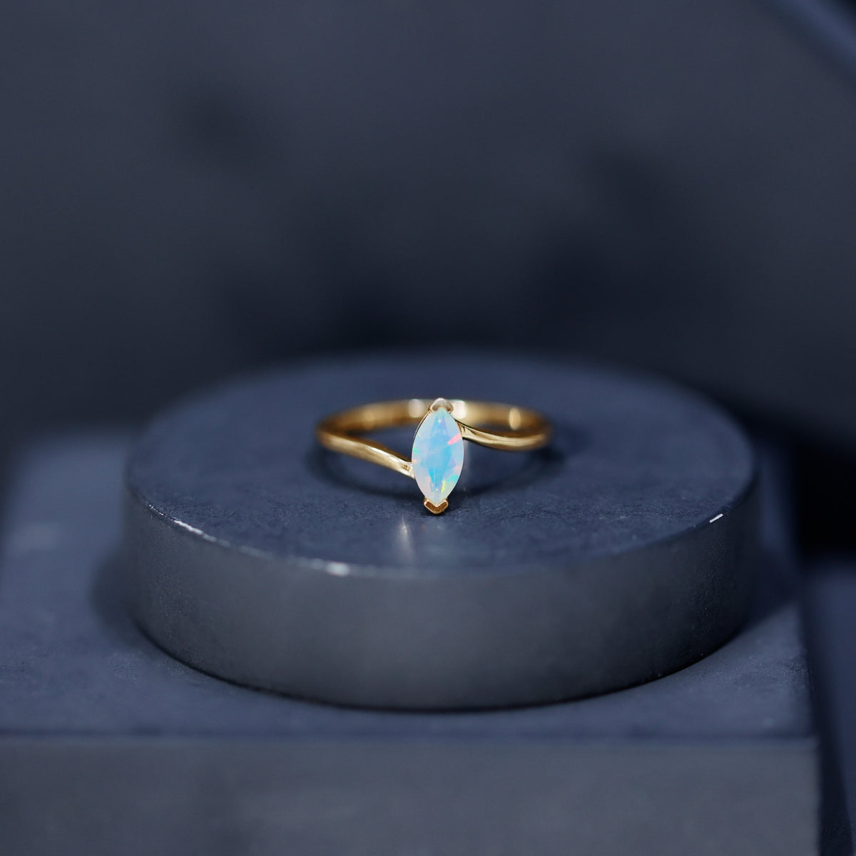 Natural Marquise Ethiopian Rainbow Opal Promise Ring with Bypass Shank AAA - Rosec Jewels