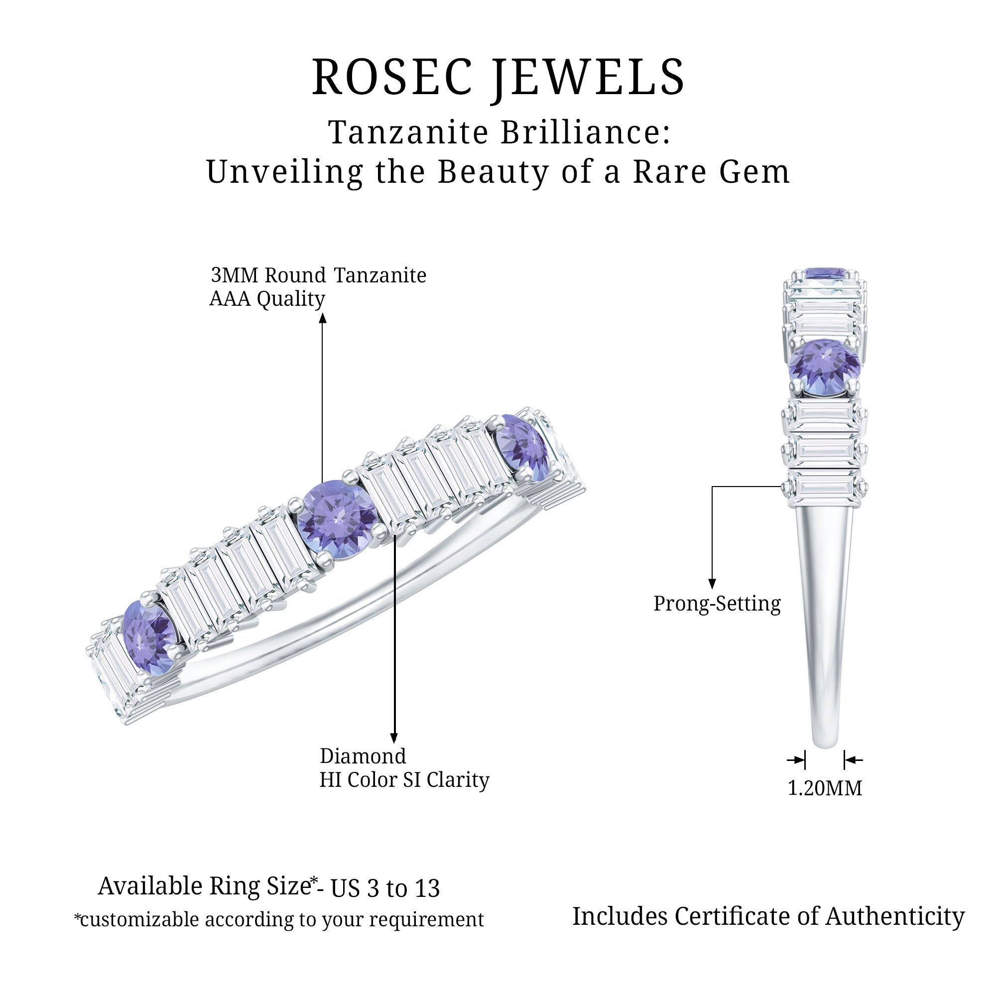 Classic Tanzanite and Diamond Half Eternity Band Ring AAA - Rosec Jewels