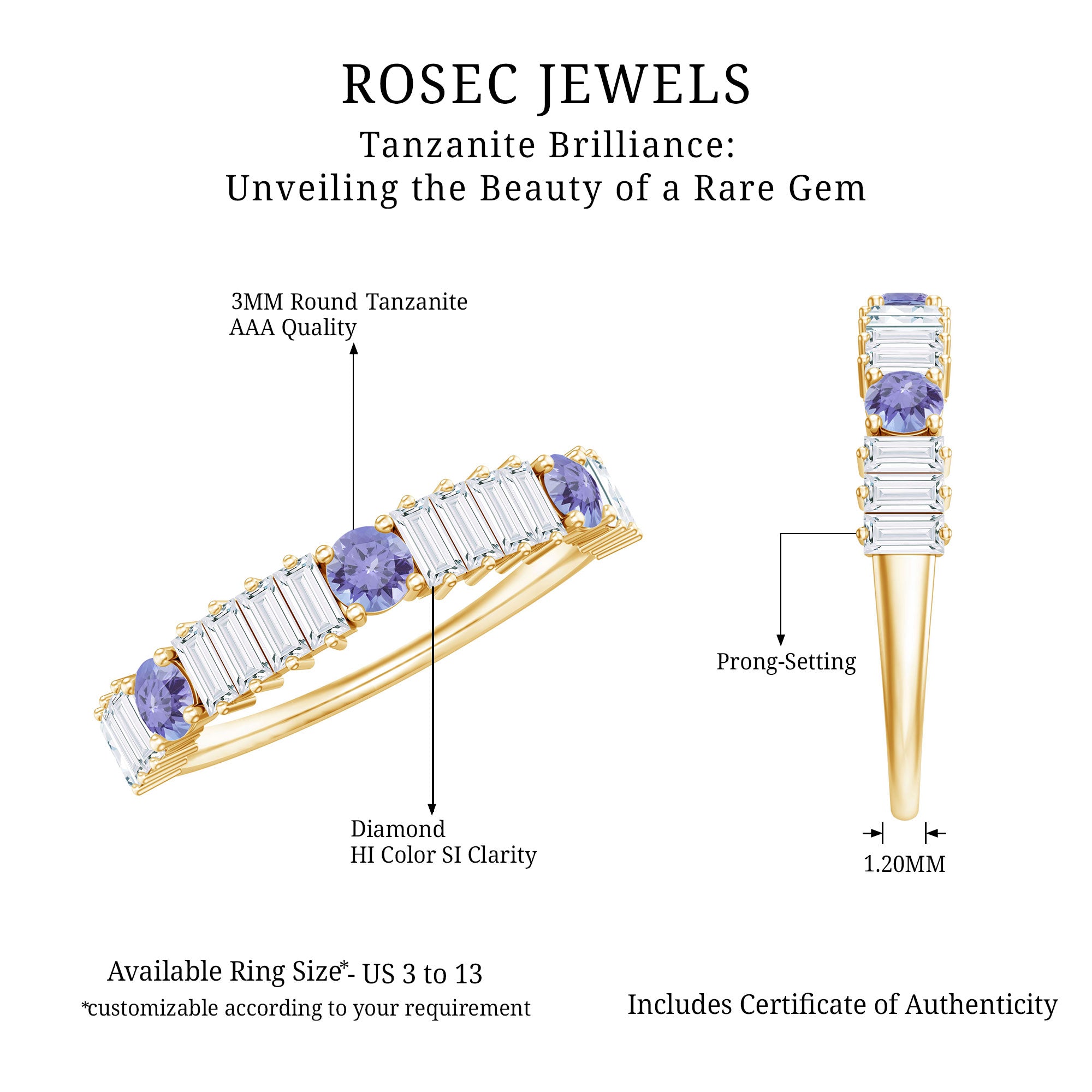 Classic Tanzanite and Diamond Half Eternity Band Ring AAA - Rosec Jewels