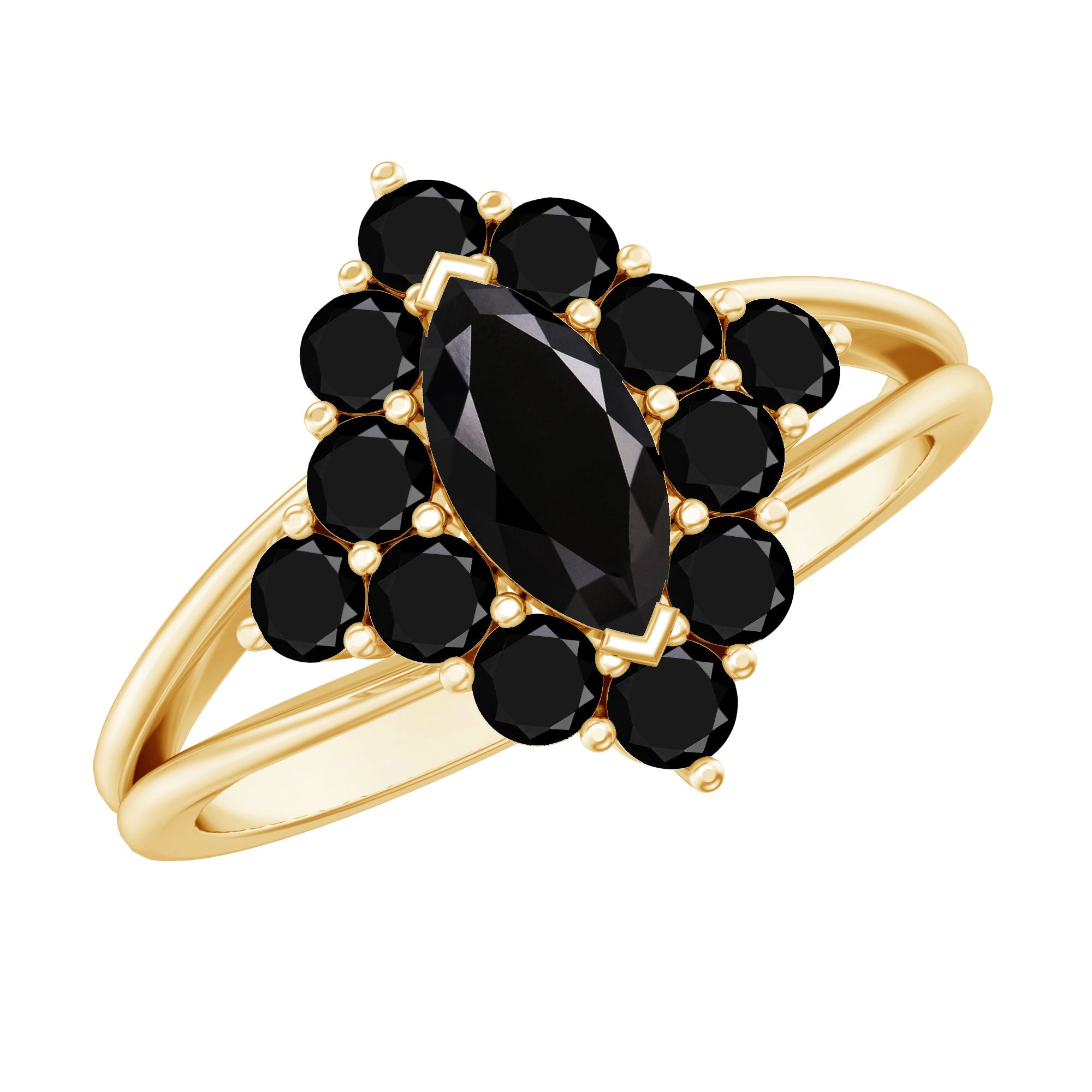Certified Black Onyx Cluster Cocktail Ring with Split Shank AAA - Rosec Jewels