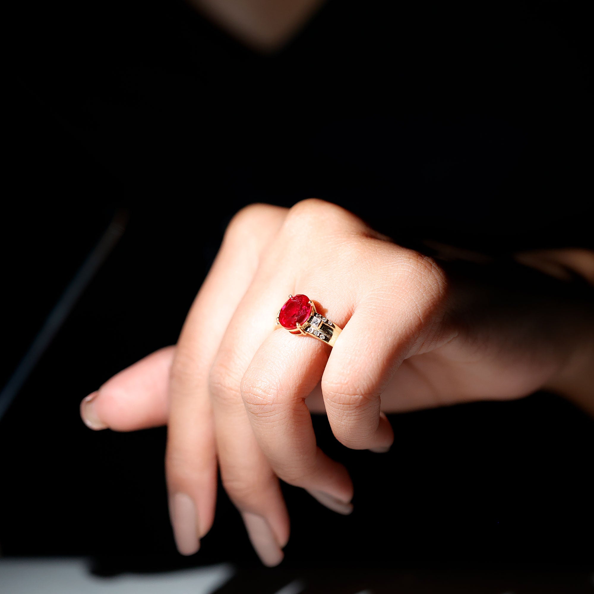 Oval Lab Grown Ruby Statement Engagement Ring with Diamond AAAA - Rosec Jewels