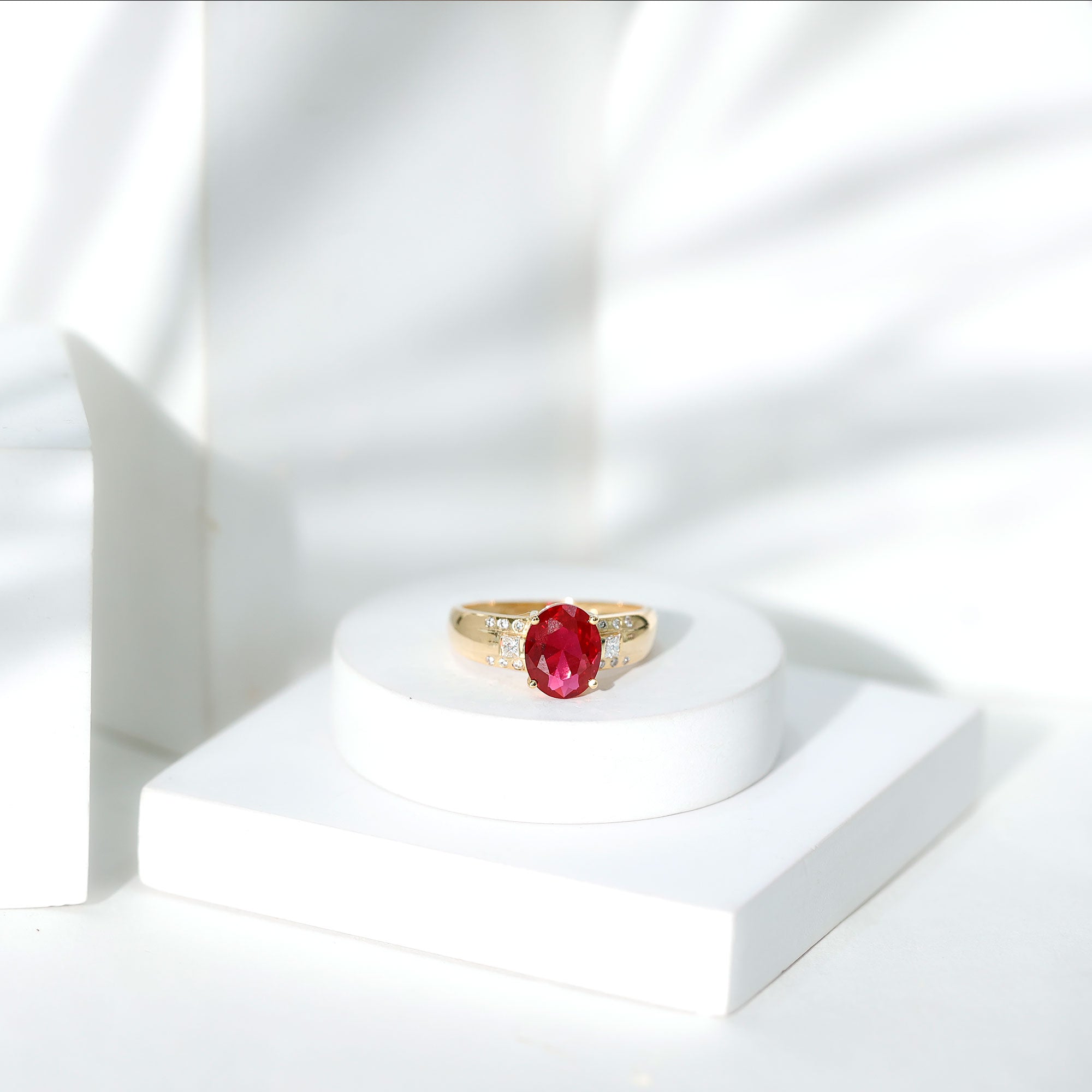 Oval Lab Grown Ruby Statement Engagement Ring with Diamond AAAA - Rosec Jewels