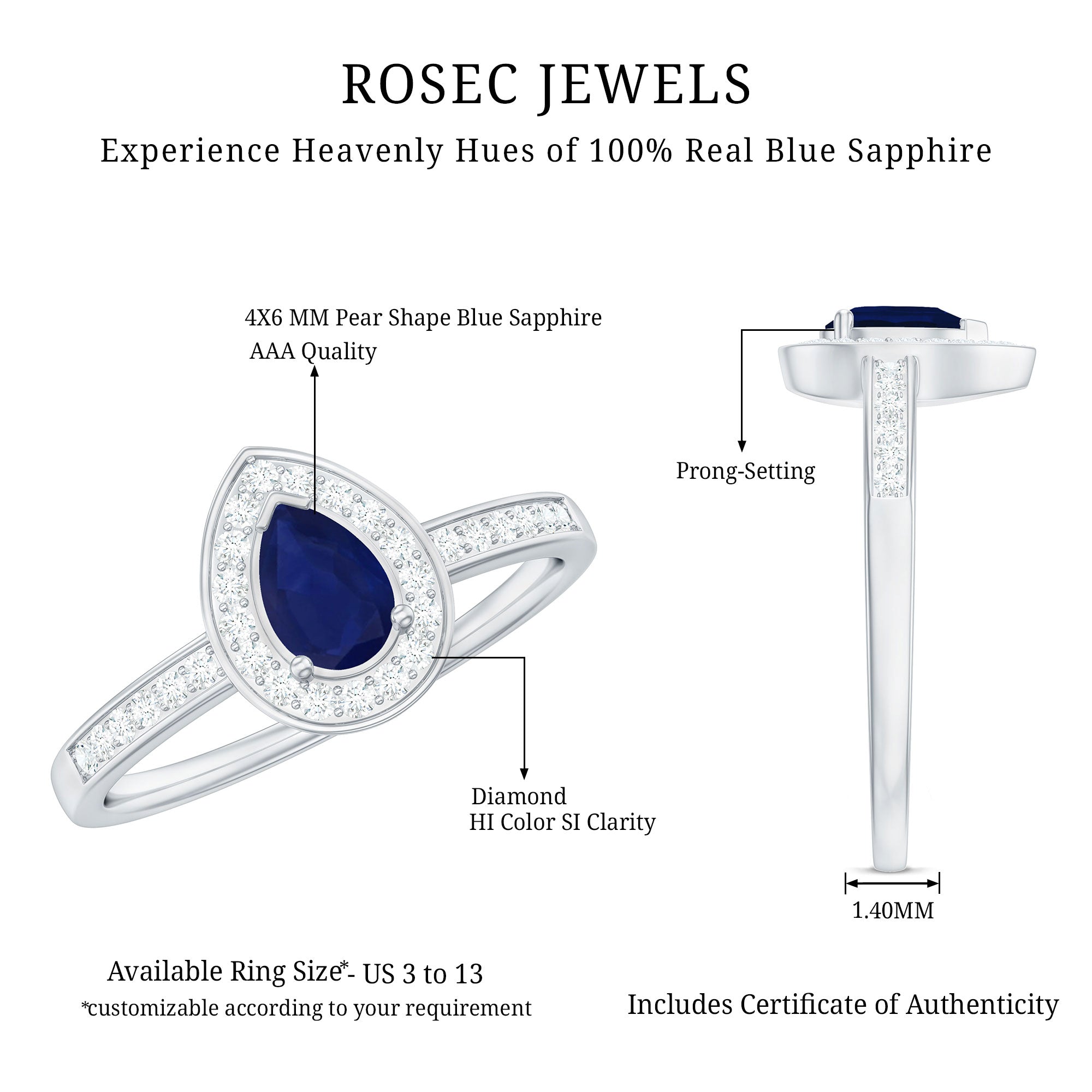Genuine 0.5 Carat Blue Sapphire and Diamond Pear Halo Engagement Ring AAA - Rosec Jewels