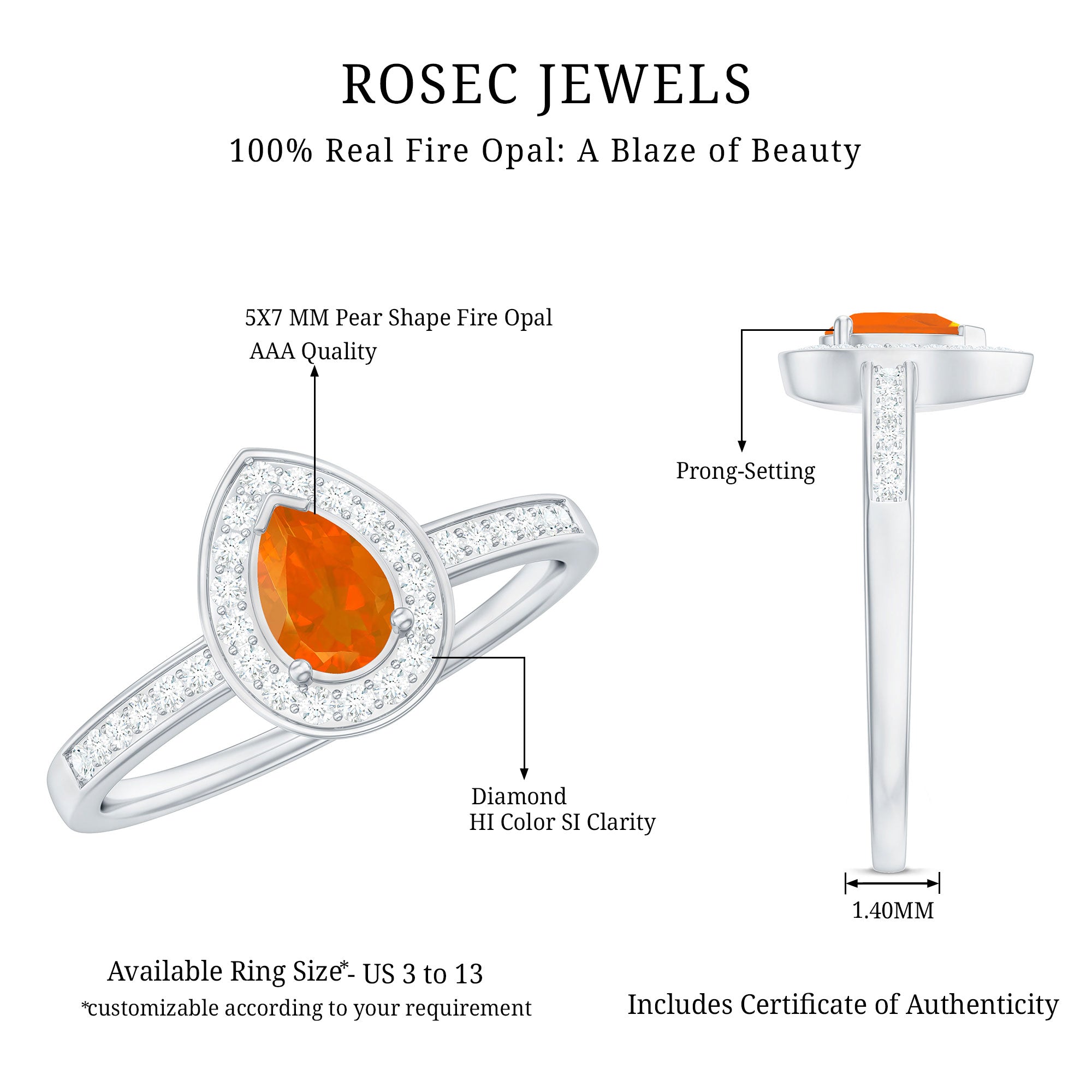 Rosec Jewels-Classic Fire Opal Engagement Ring with Diamond Halo