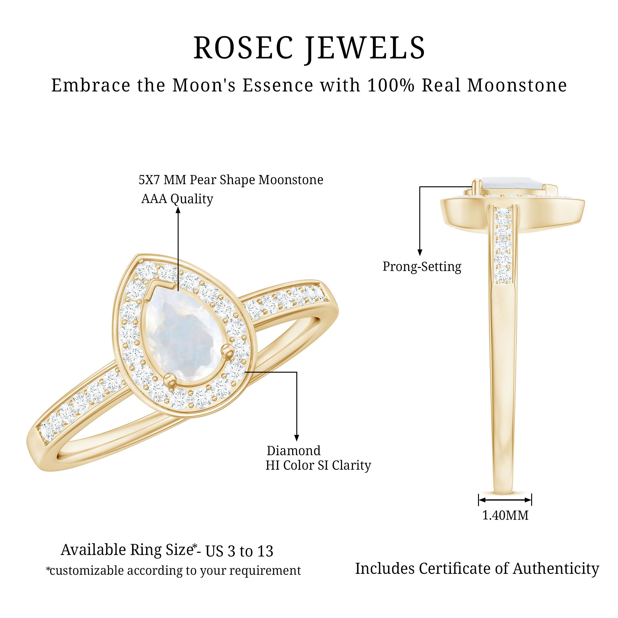 1.25 CT Classic Moonstone and Diamond Halo Engagement Ring AAA - Rosec Jewels