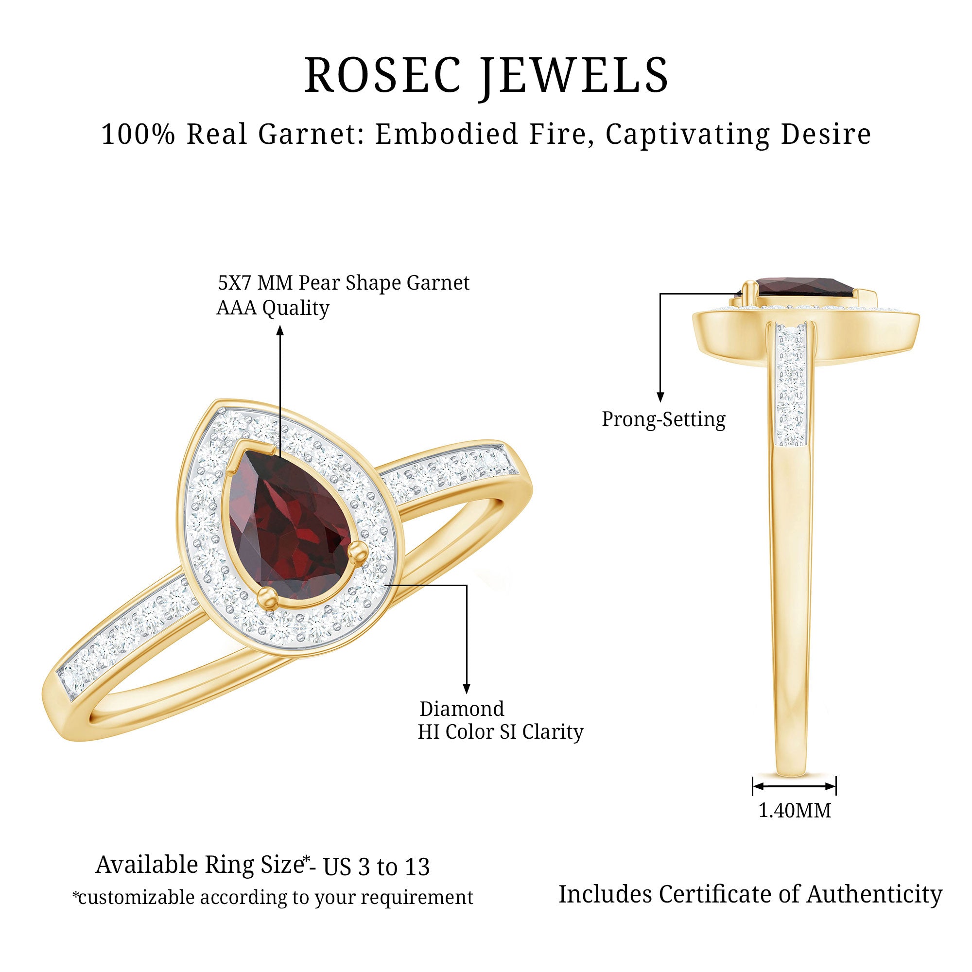 Classic Garnet Pear Shaped Engagement Ring with Diamond Halo AAA - Rosec Jewels