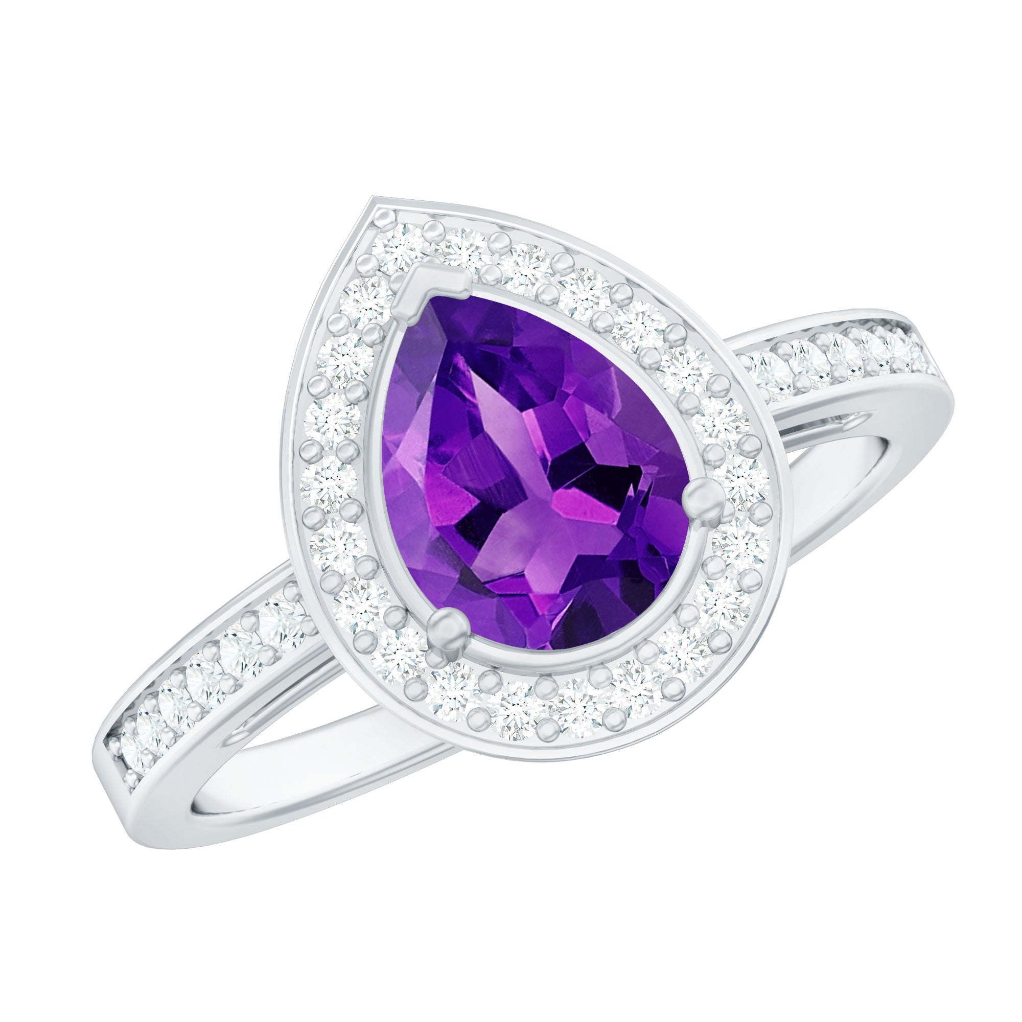 Real 1 Carat Amethyst Pear Shaped Engagement Ring with Diamond Halo AAA - Rosec Jewels
