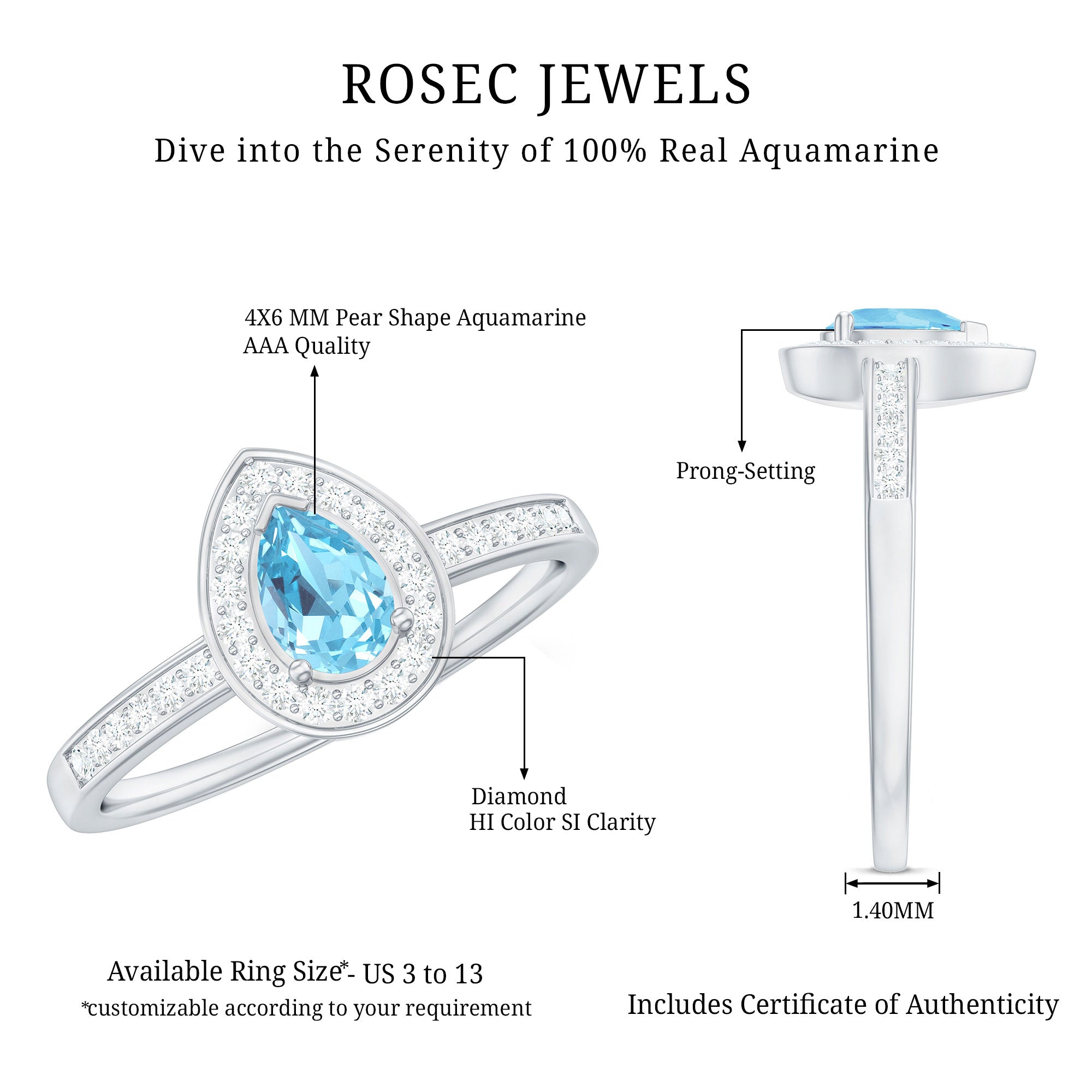 Rosec Jewels-Natural Pear Shape Aquamarine Teardrop Engagement Ring with Diamond Halo