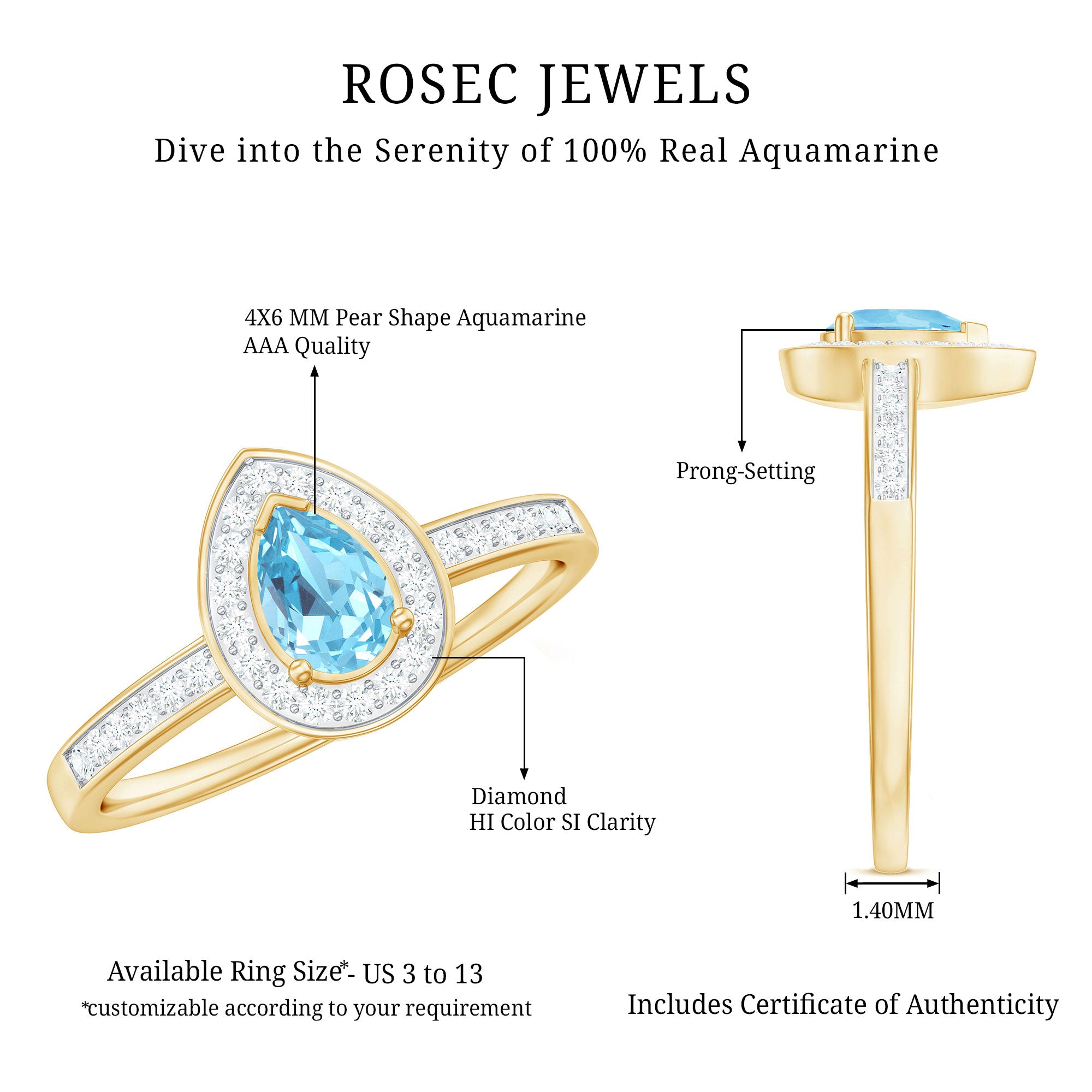 Rosec Jewels-Natural Pear Shape Aquamarine Teardrop Engagement Ring with Diamond Halo
