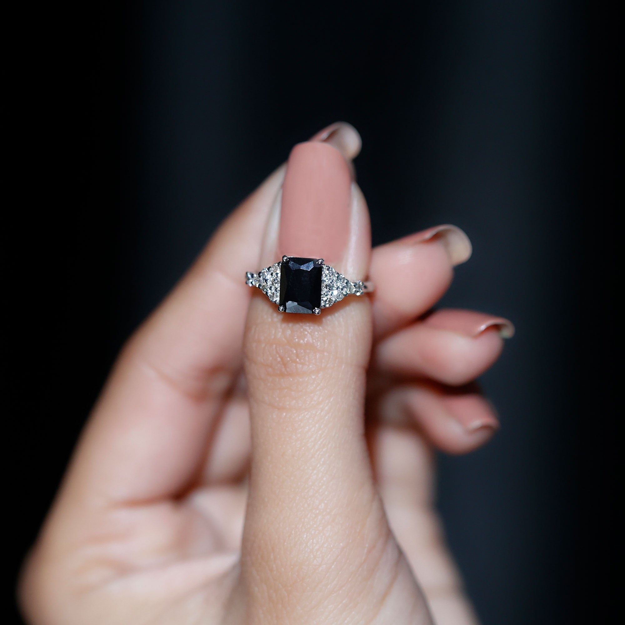 Certified 6X8MM Emerald Cut Black Onyx Engagement Ring with Diamonds AAA - Rosec Jewels