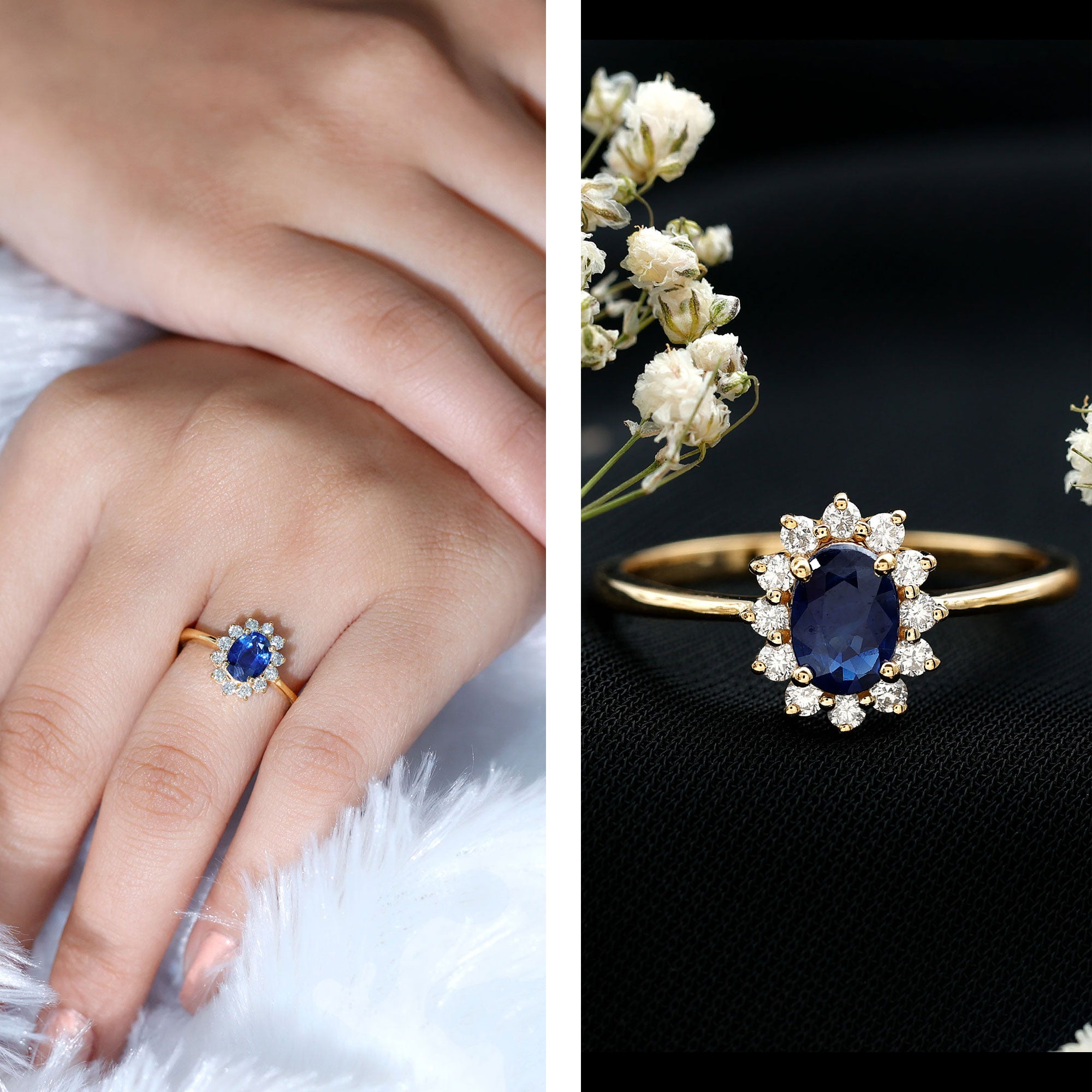 Rosec Jewels-Natural 1 Carat Blue Sapphire Princess Diana Inspired Engagement Ring with Diamonds