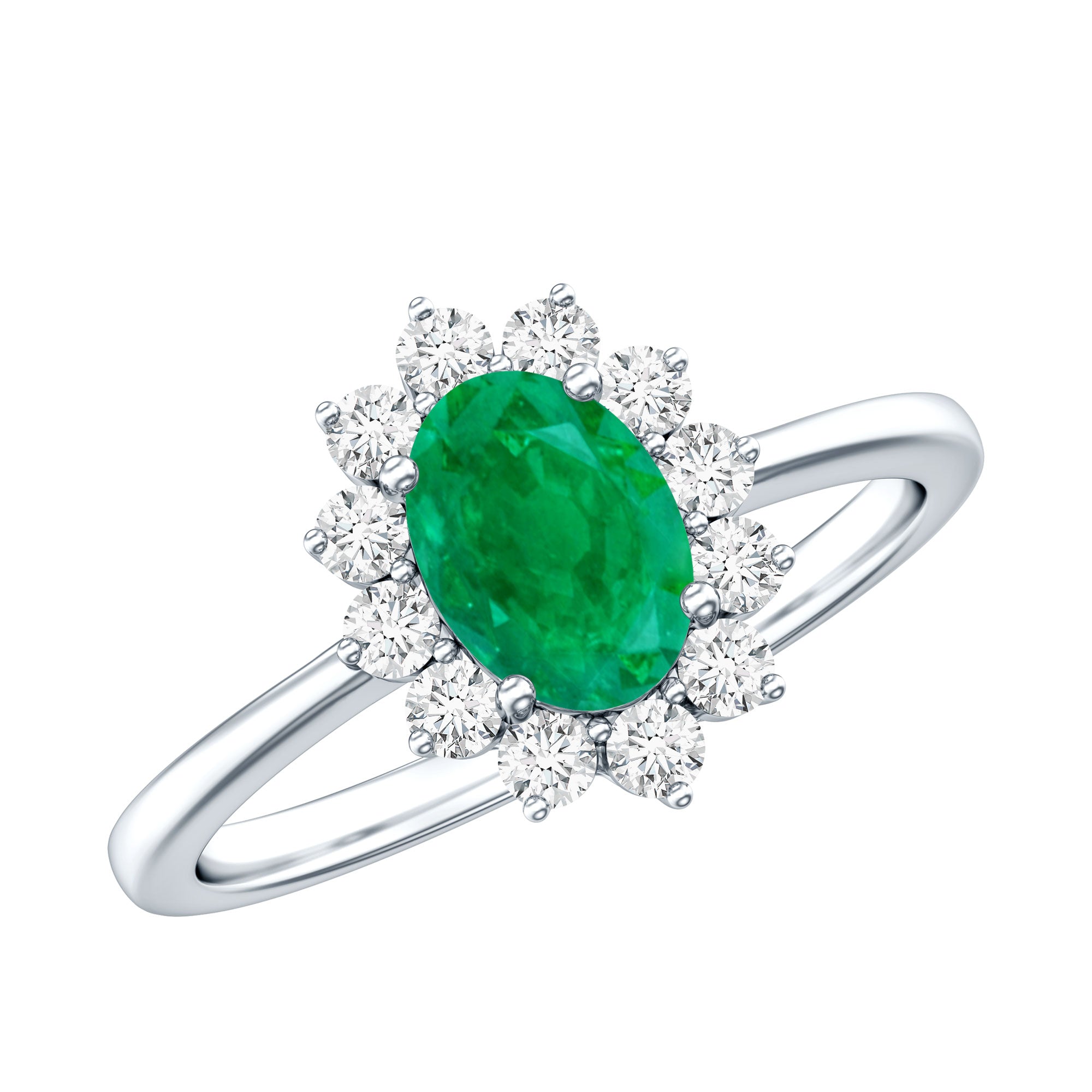 Rosec Jewels-Natural 5X7mm Emerald Oval Engagement Ring with Diamond Halo