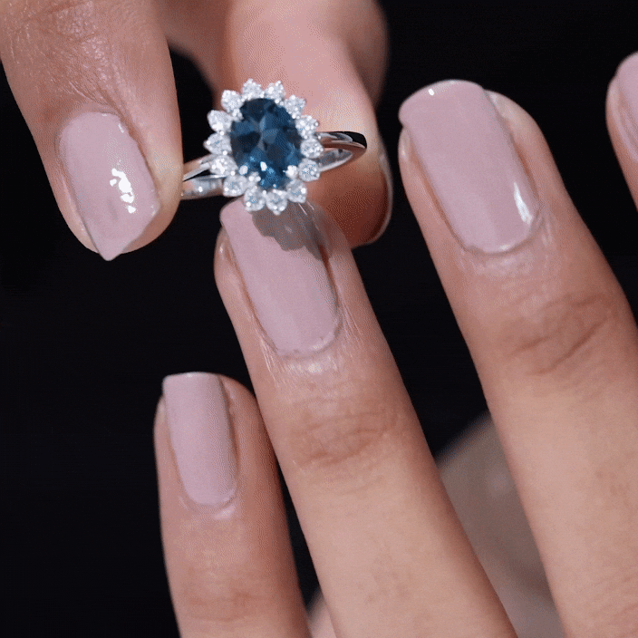 Rosec Jewels-Real 6X8mm London Blue Topaz Princess Diana Inspired Engagement Ring with Diamond