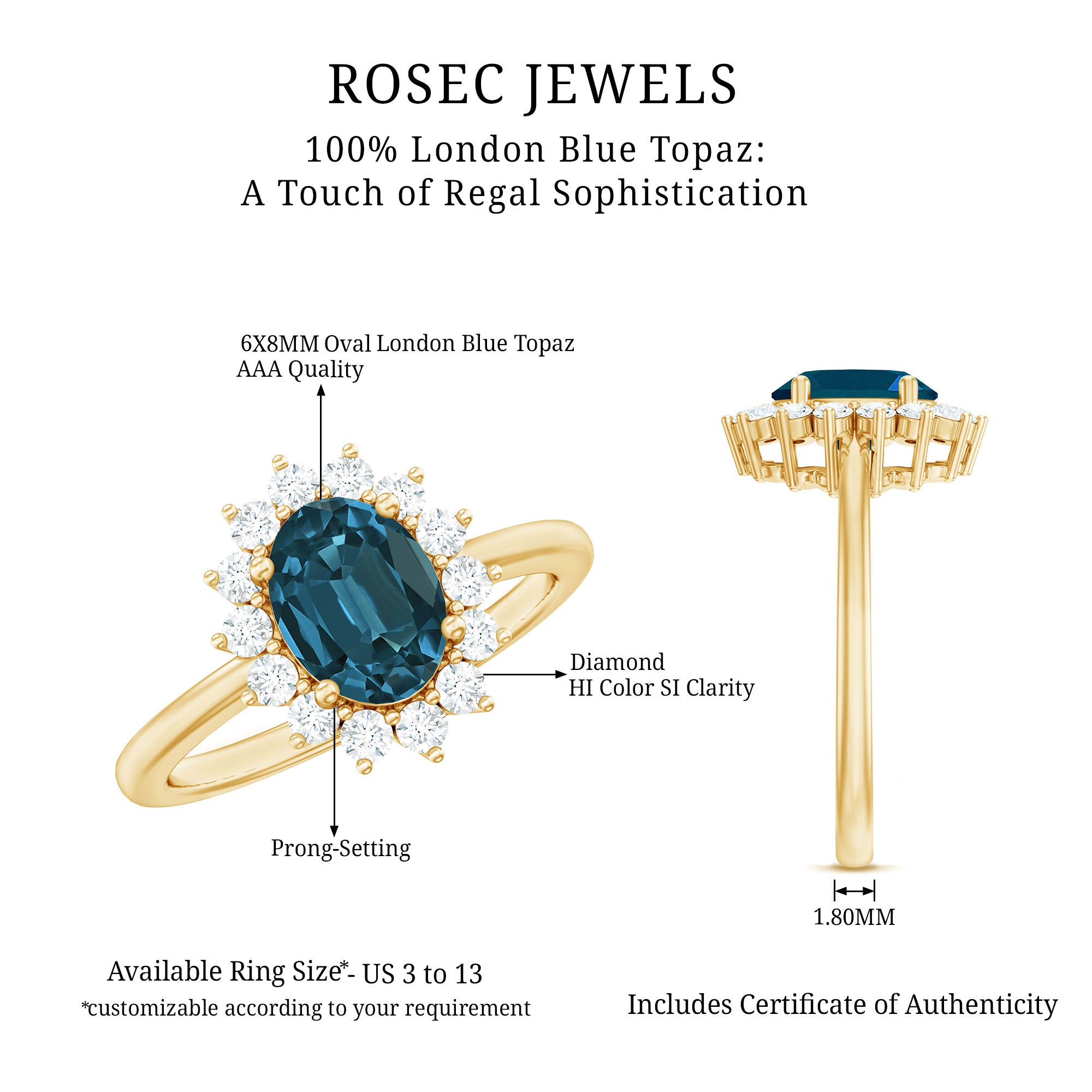 Rosec Jewels-Real 6X8mm London Blue Topaz Princess Diana Inspired Engagement Ring with Diamond
