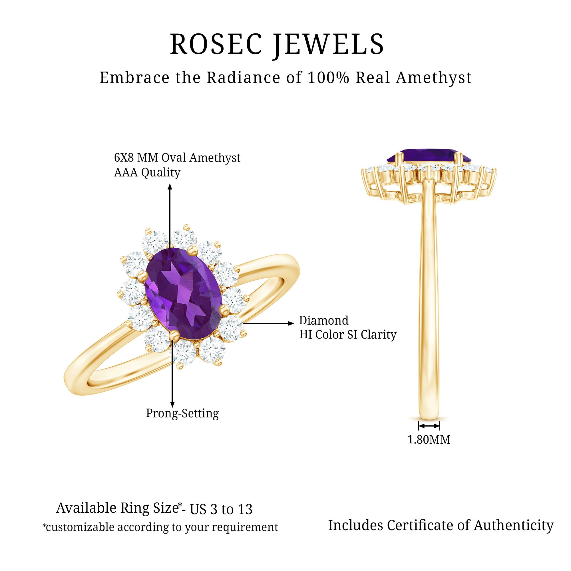 Rosec Jewels-1.5 CT Princess Diana Inspired Amethyst Engagement Ring Diamond Halo