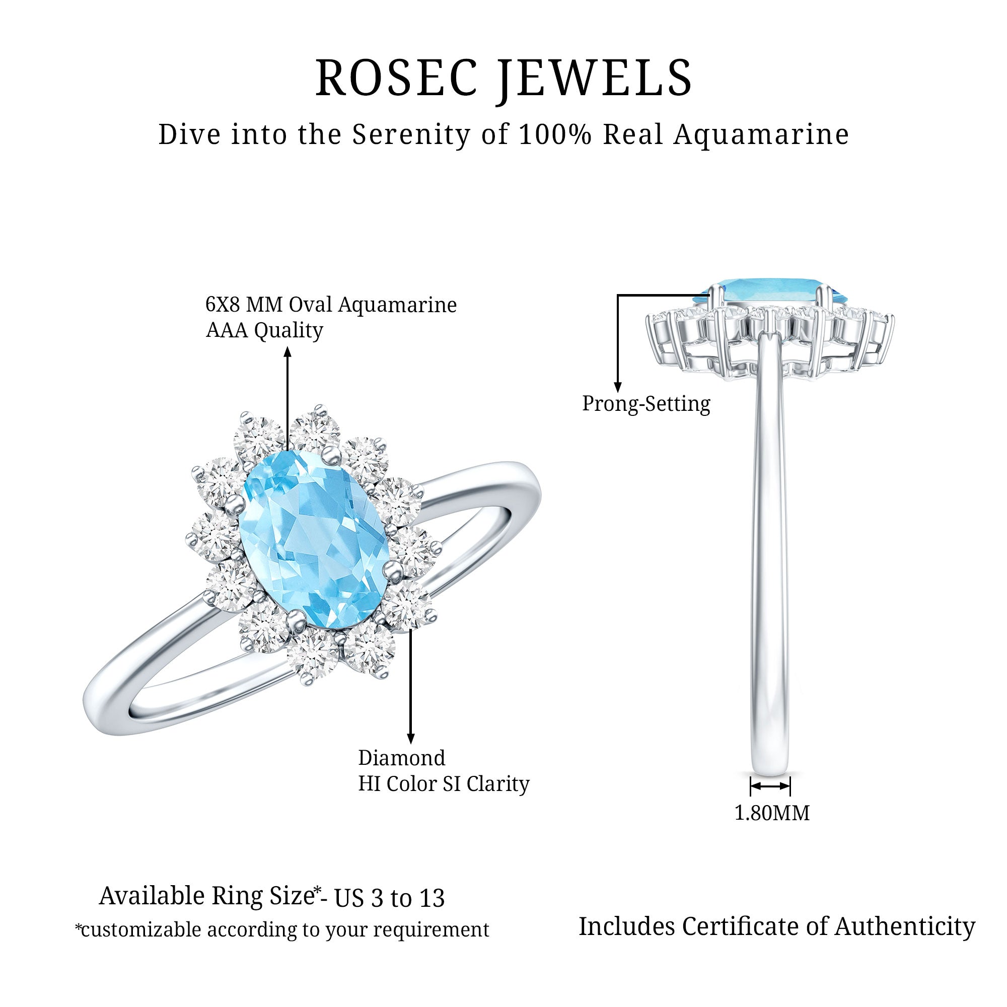 Natural 1 Carat Aquamarine Oval Engagement Ring with Diamond Halo AAA - Rosec Jewels