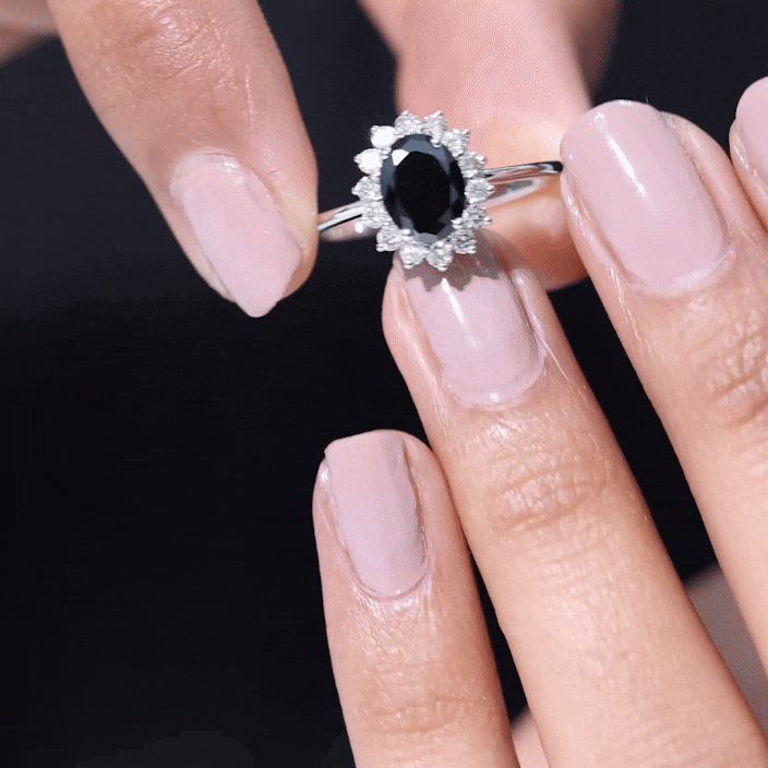 Oval Cut Real Black Onyx and Diamond Halo Engagement Ring AAA - Rosec Jewels