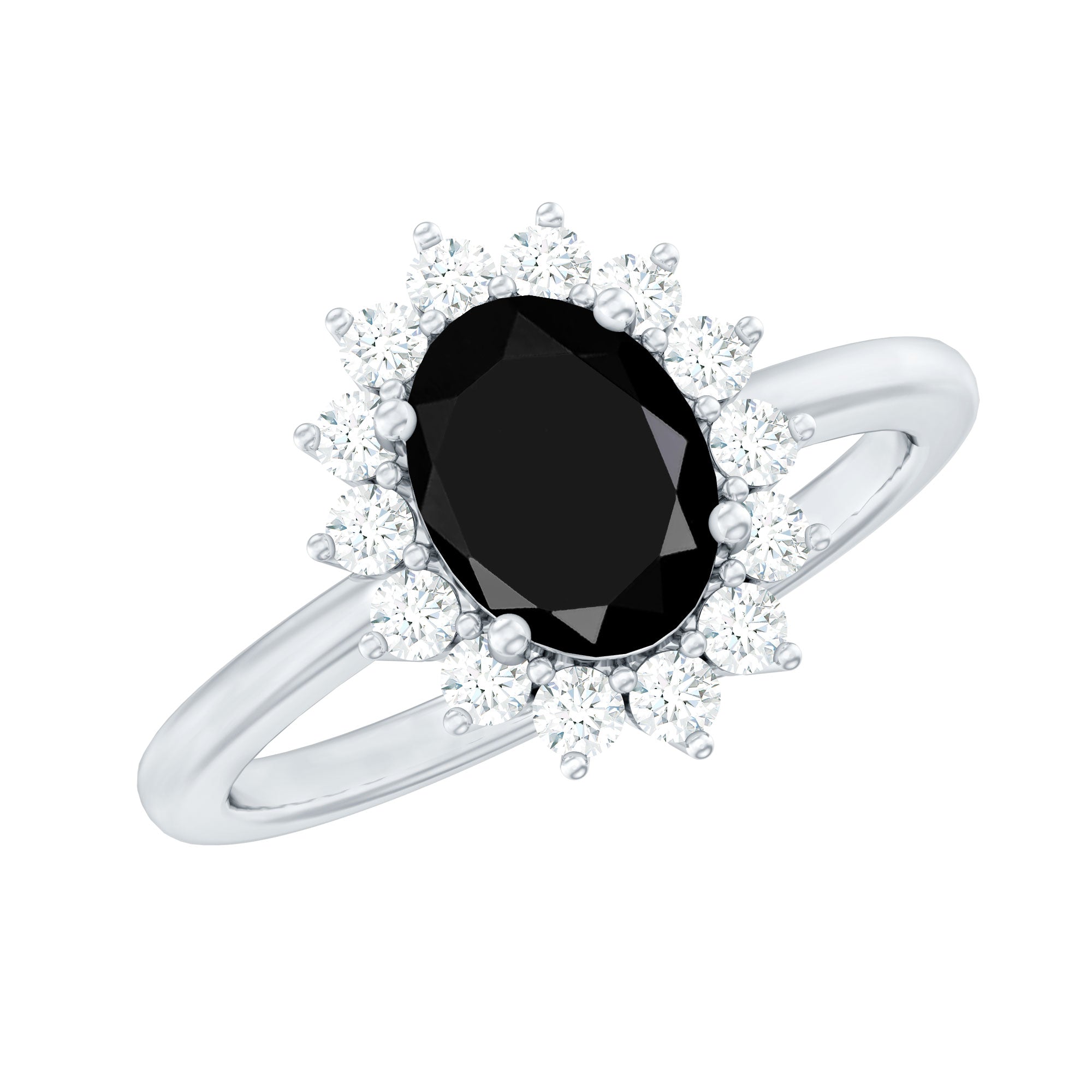 Oval Cut Real Black Onyx and Diamond Halo Engagement Ring