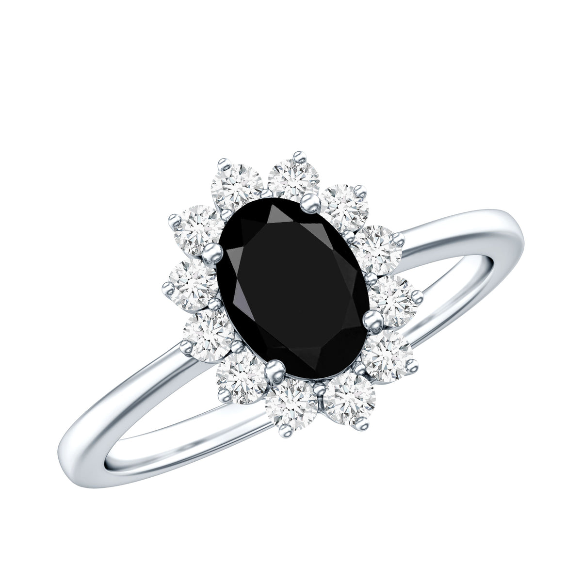 Oval Cut Real Black Onyx and Diamond Halo Engagement Ring AAA - Rosec Jewels